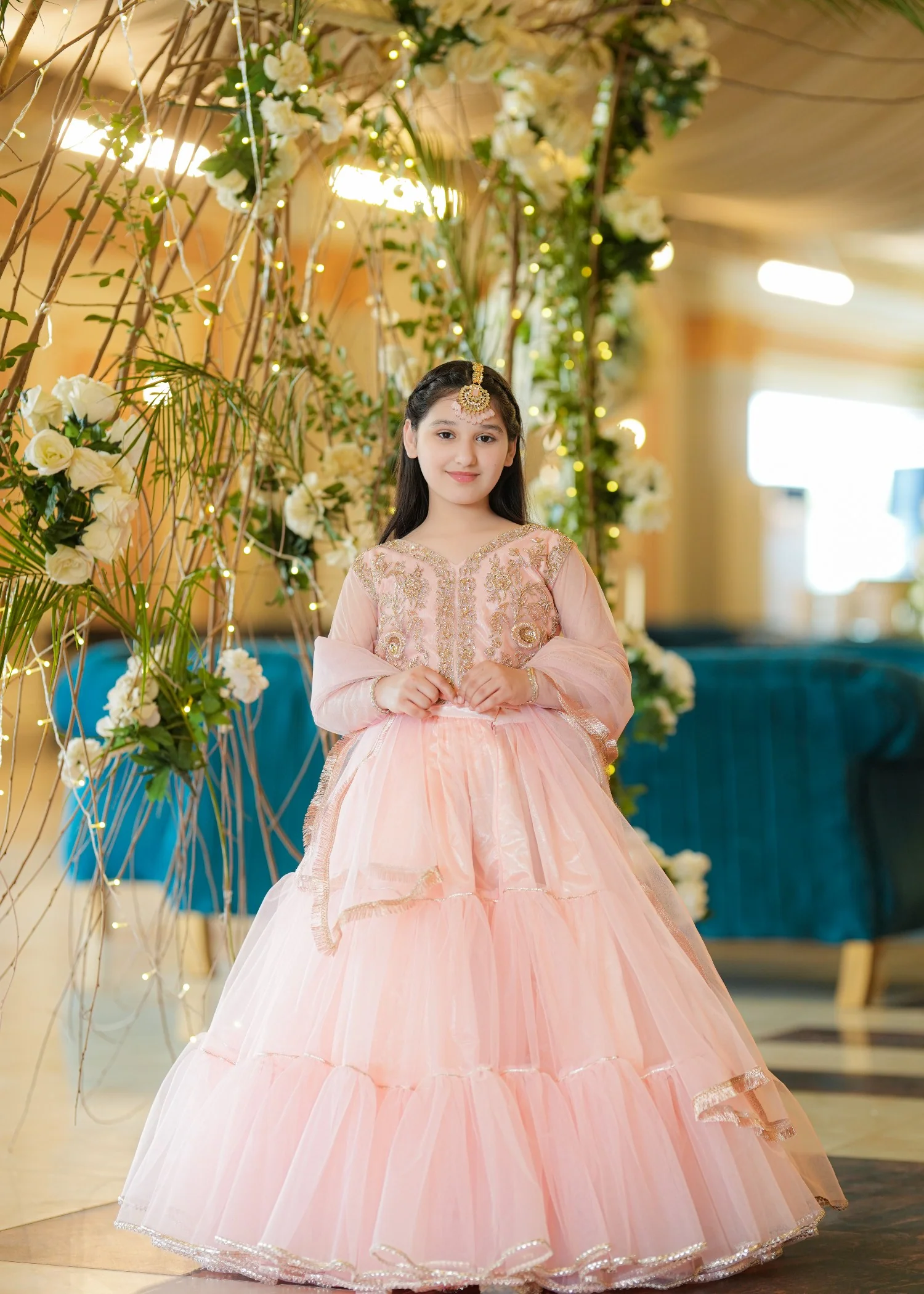net Lehenga in Tea rose pink