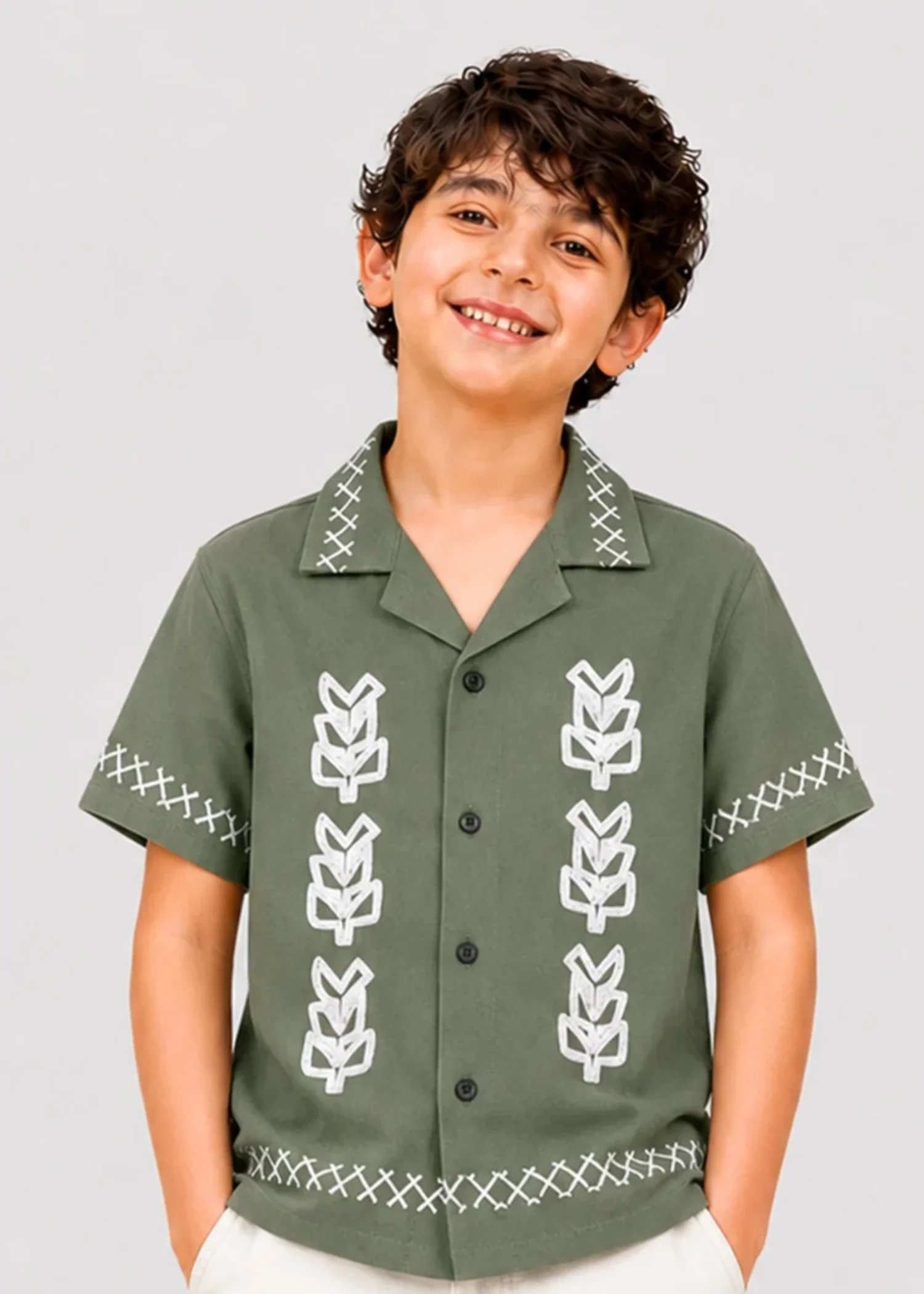 single jersey knit Casual Shirt in Olive green, white