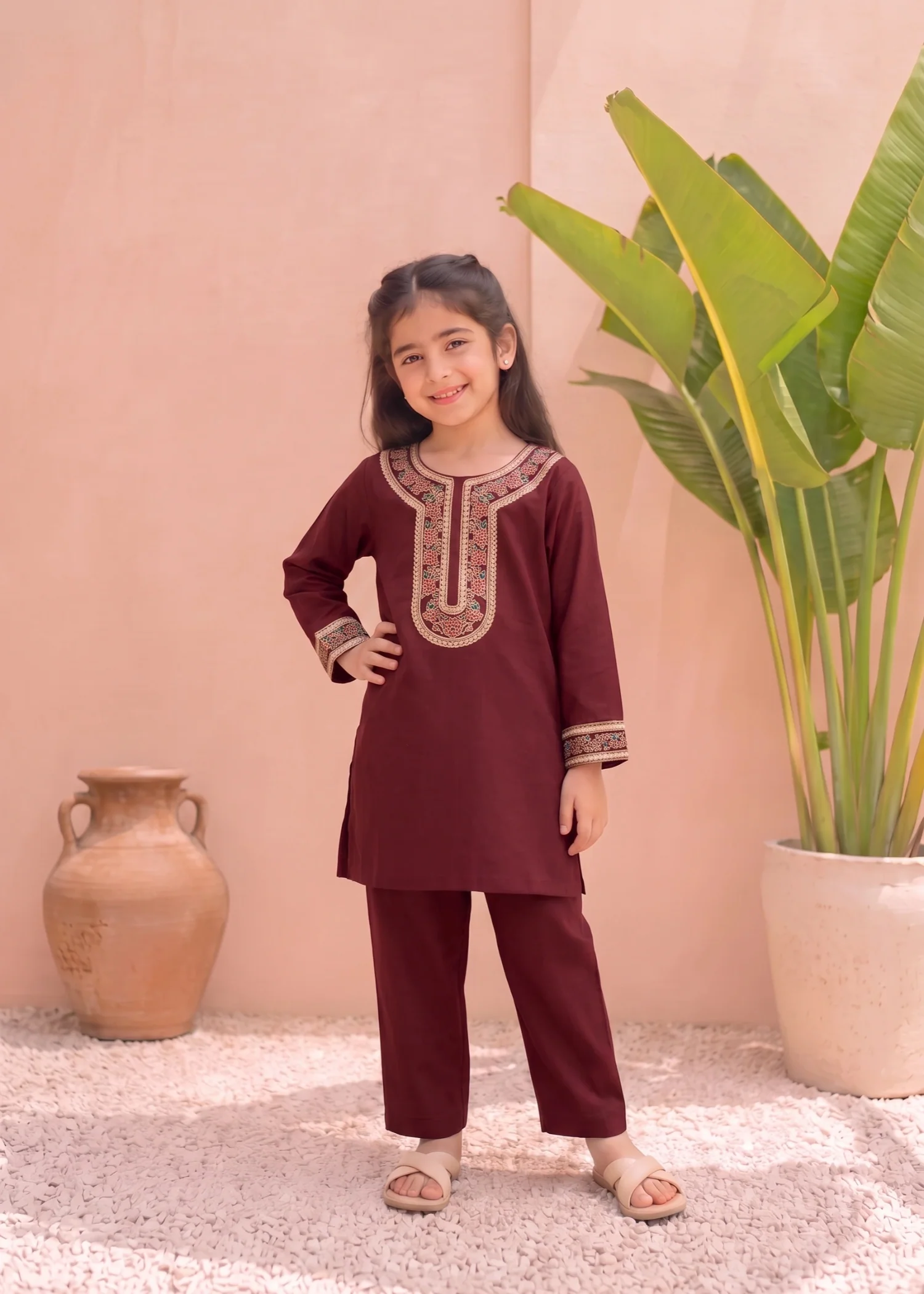cotton Kurta Set in Burgundy