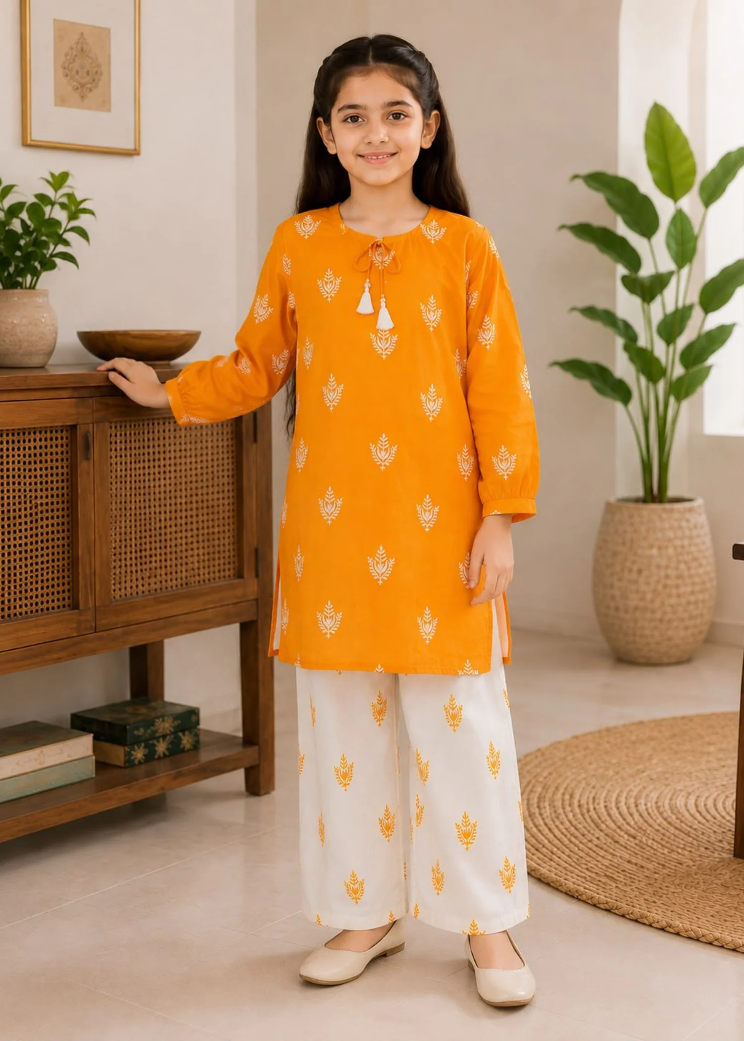 lawn Kurta Set in Orange