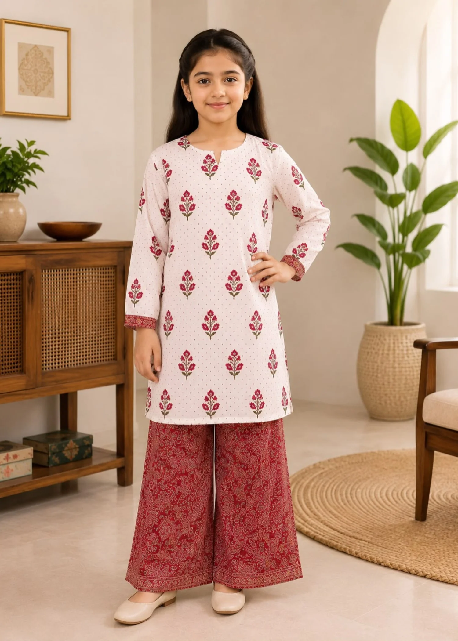 lawn Kurta Set in Cream, red