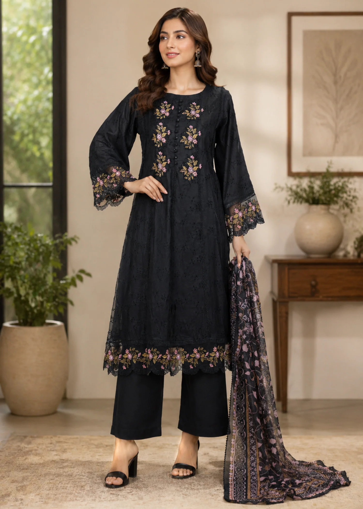 chiffon silk Pishwas in Black