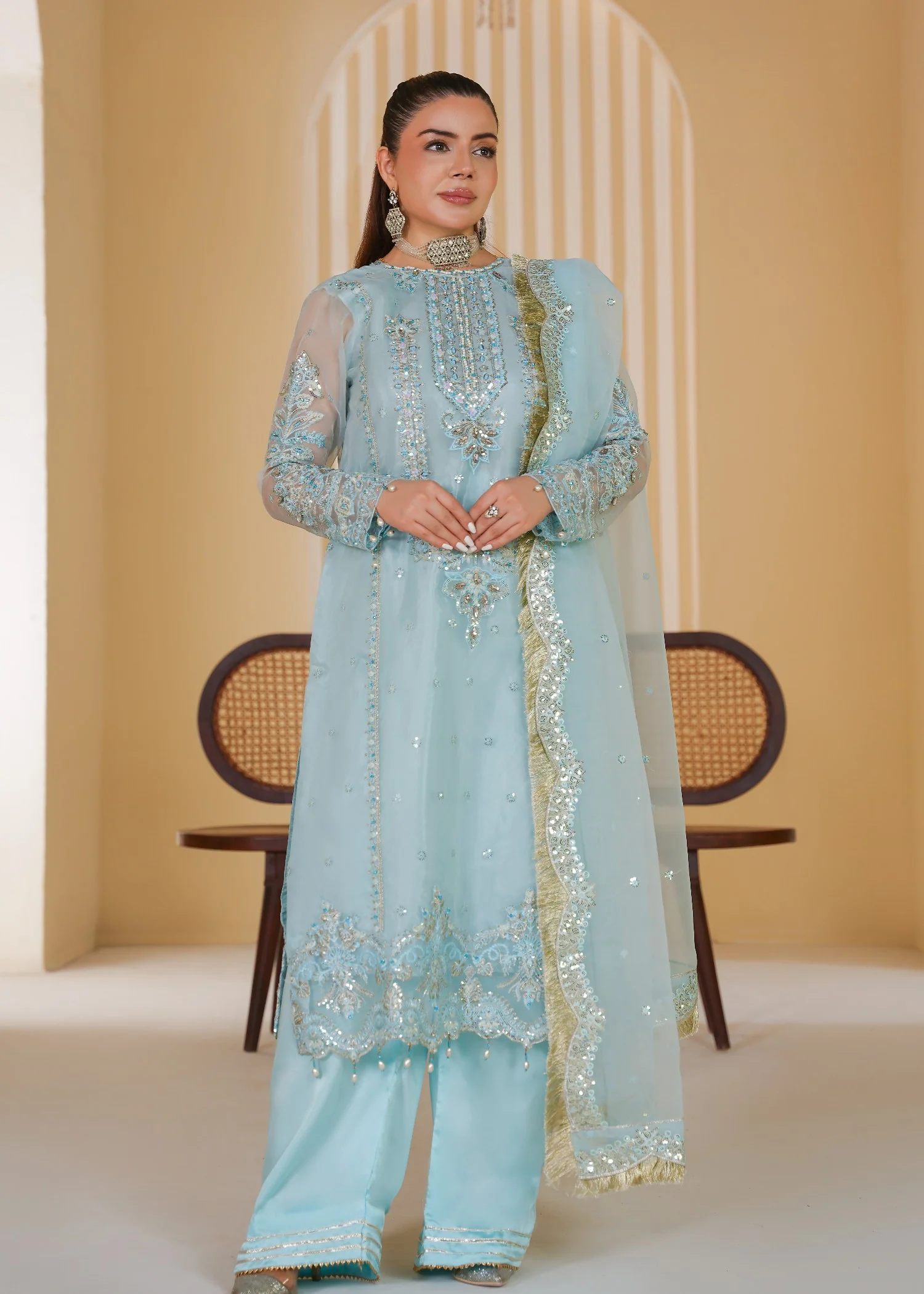 organza Kurta Set in Baby blue