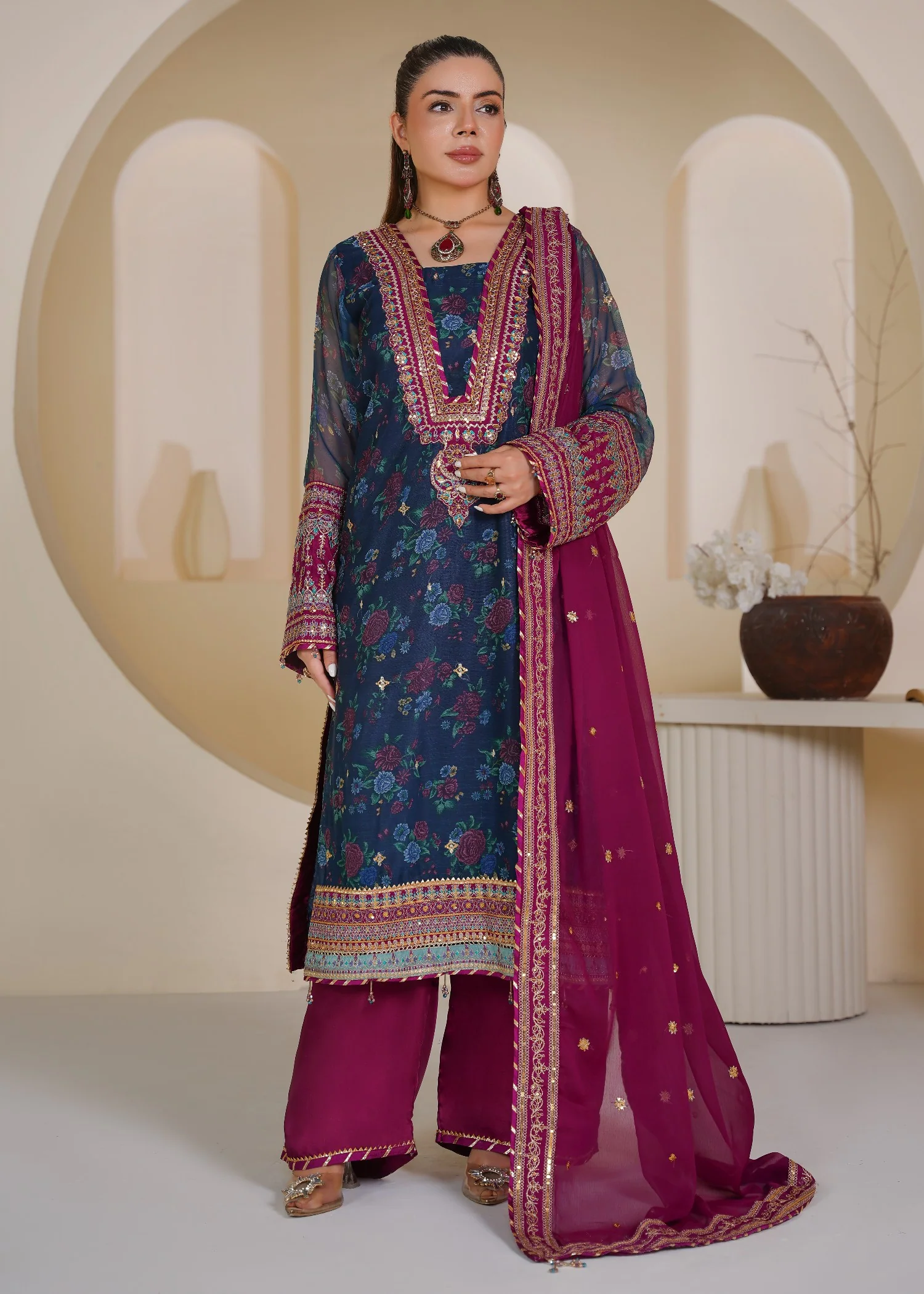 organza Kurta Set in Navy blue