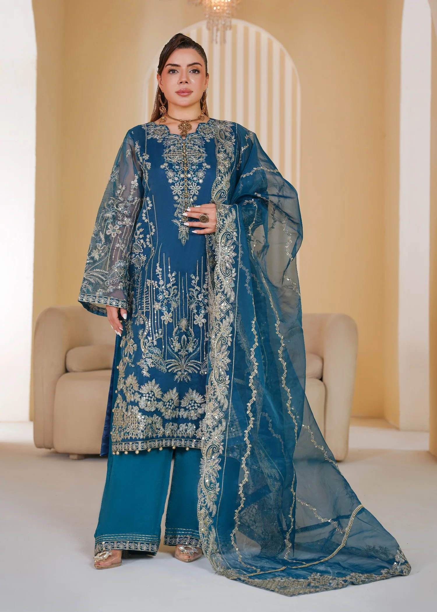 organza Kurta Set in Cobalt blue
