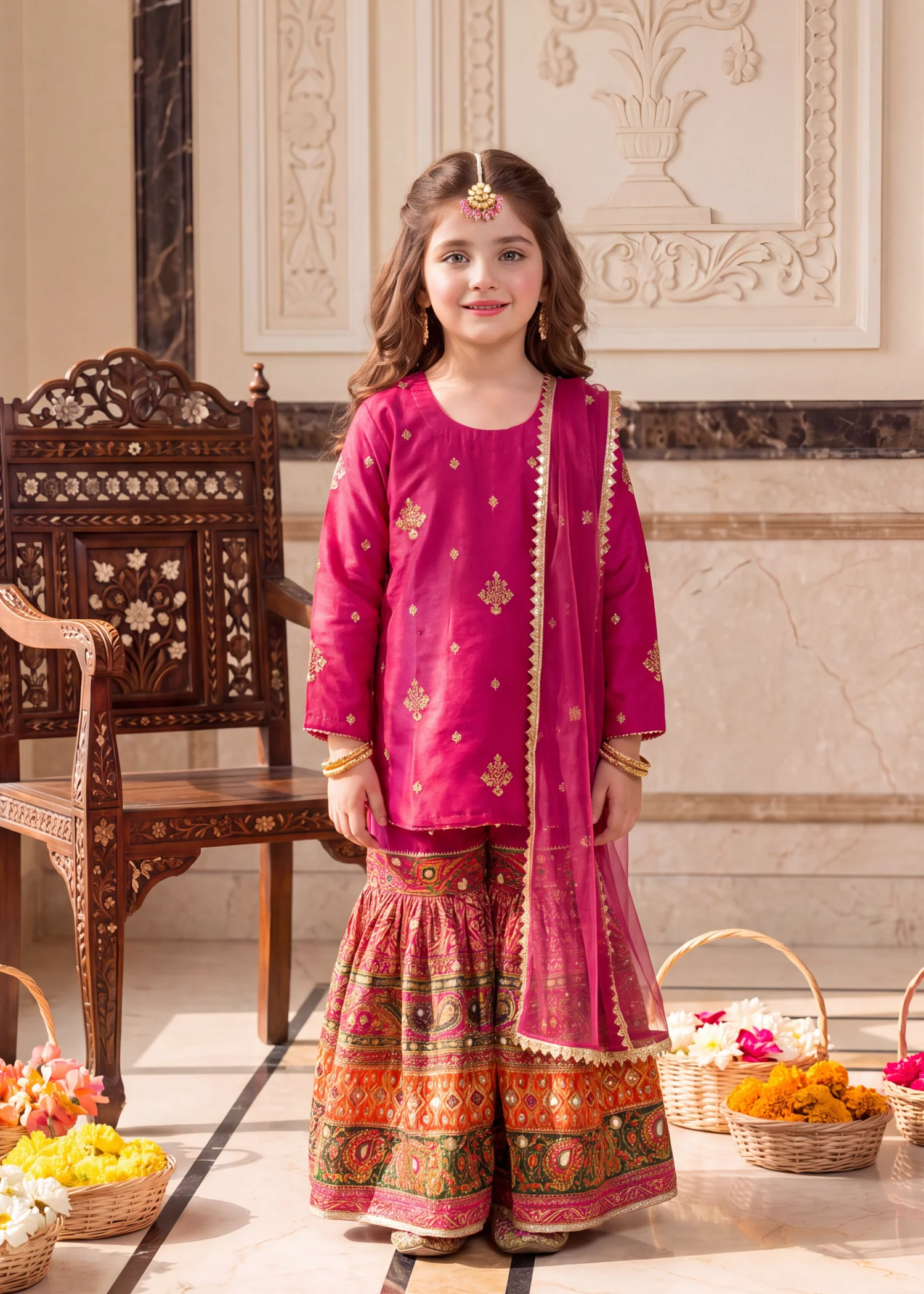 kattan silk Gharara in Multi, shocking pink