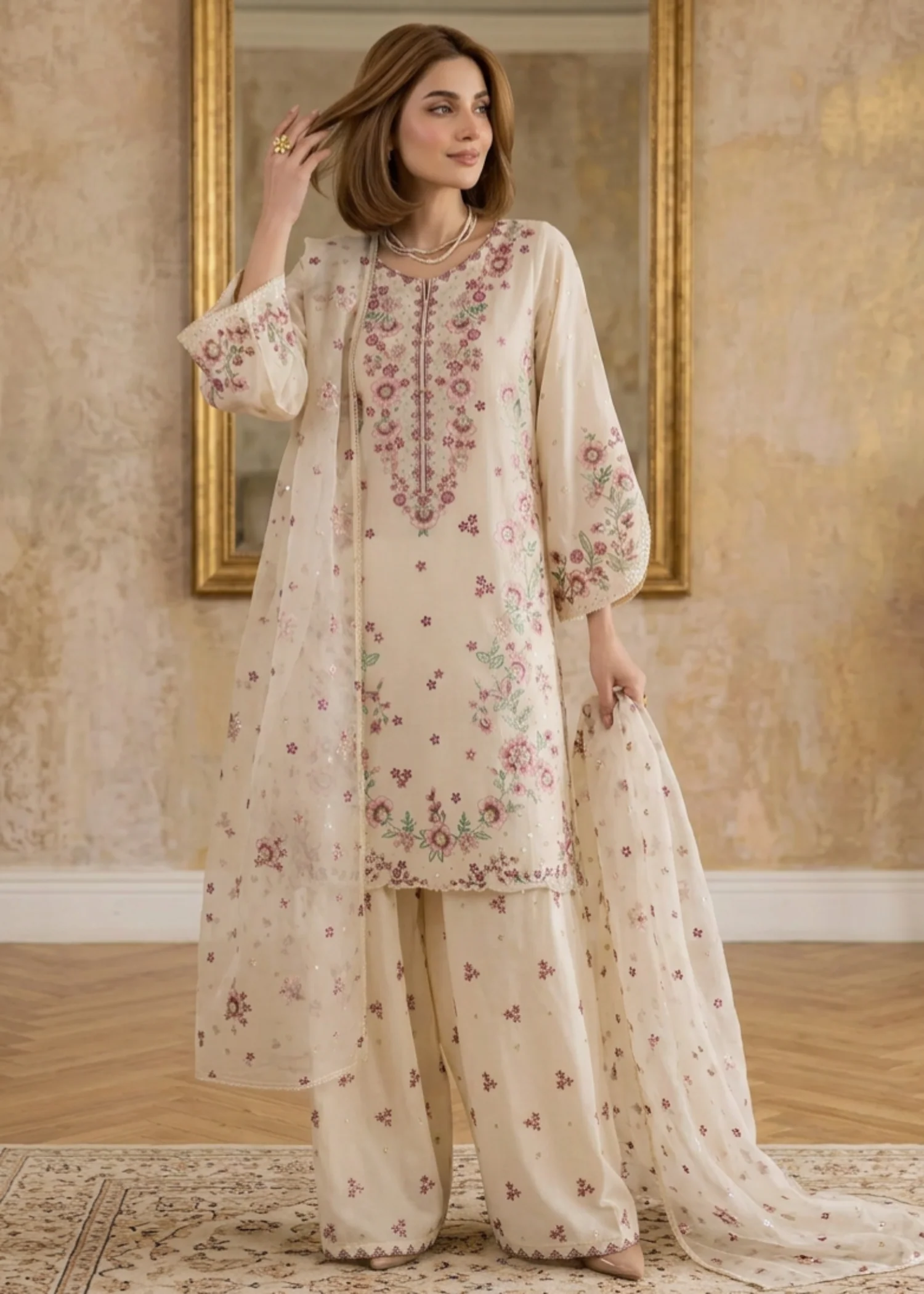 lawn Kurta Set in Beige