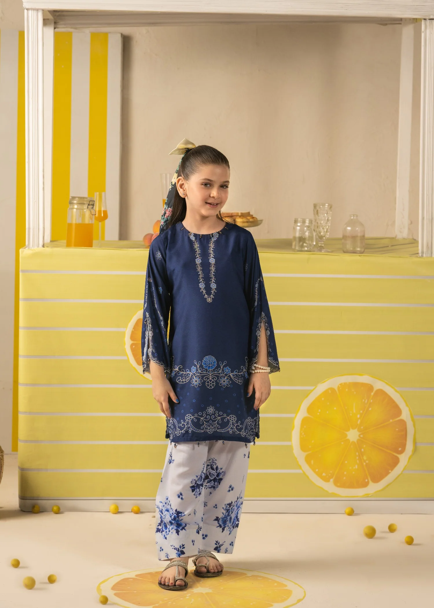 lawn Kurta Set in Navy blue