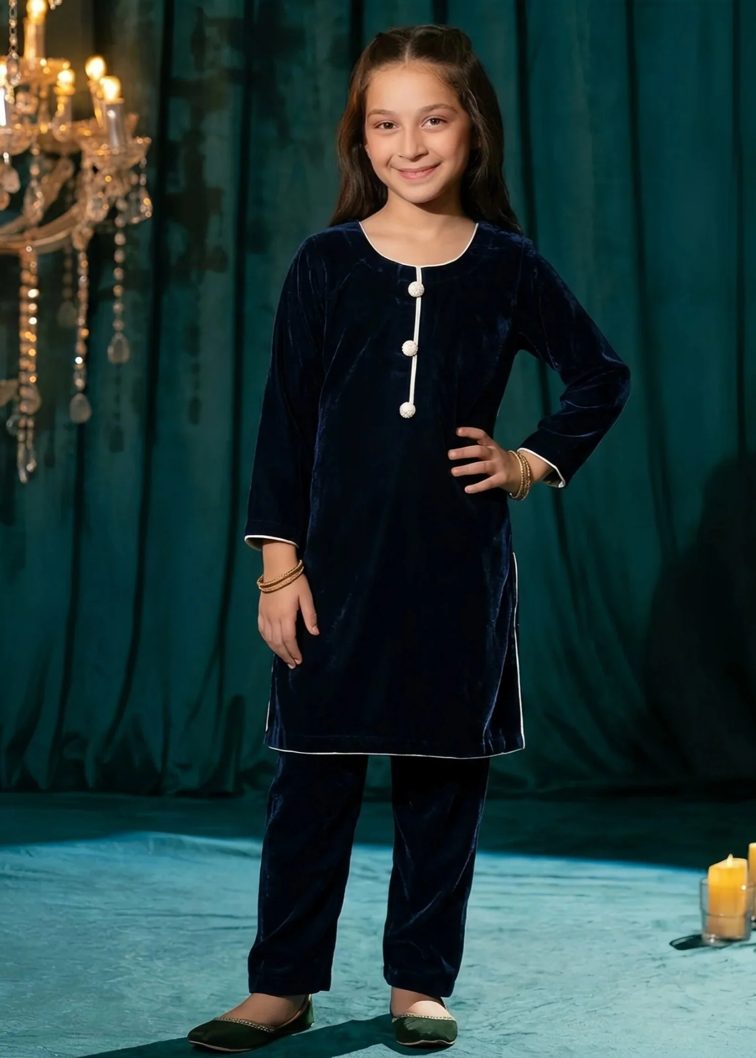 velvet Kurta Set in Navy blue