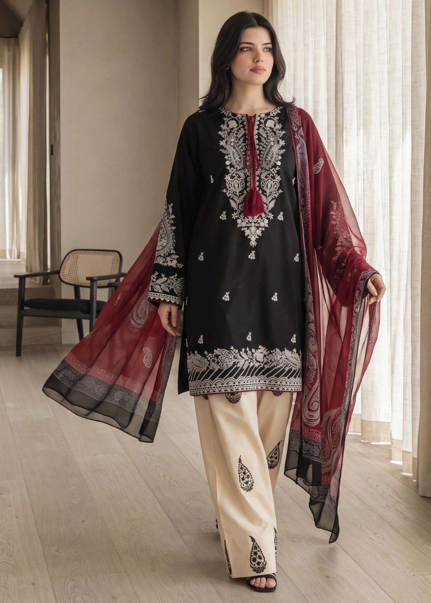 lawn cotton Kurta Set in Black