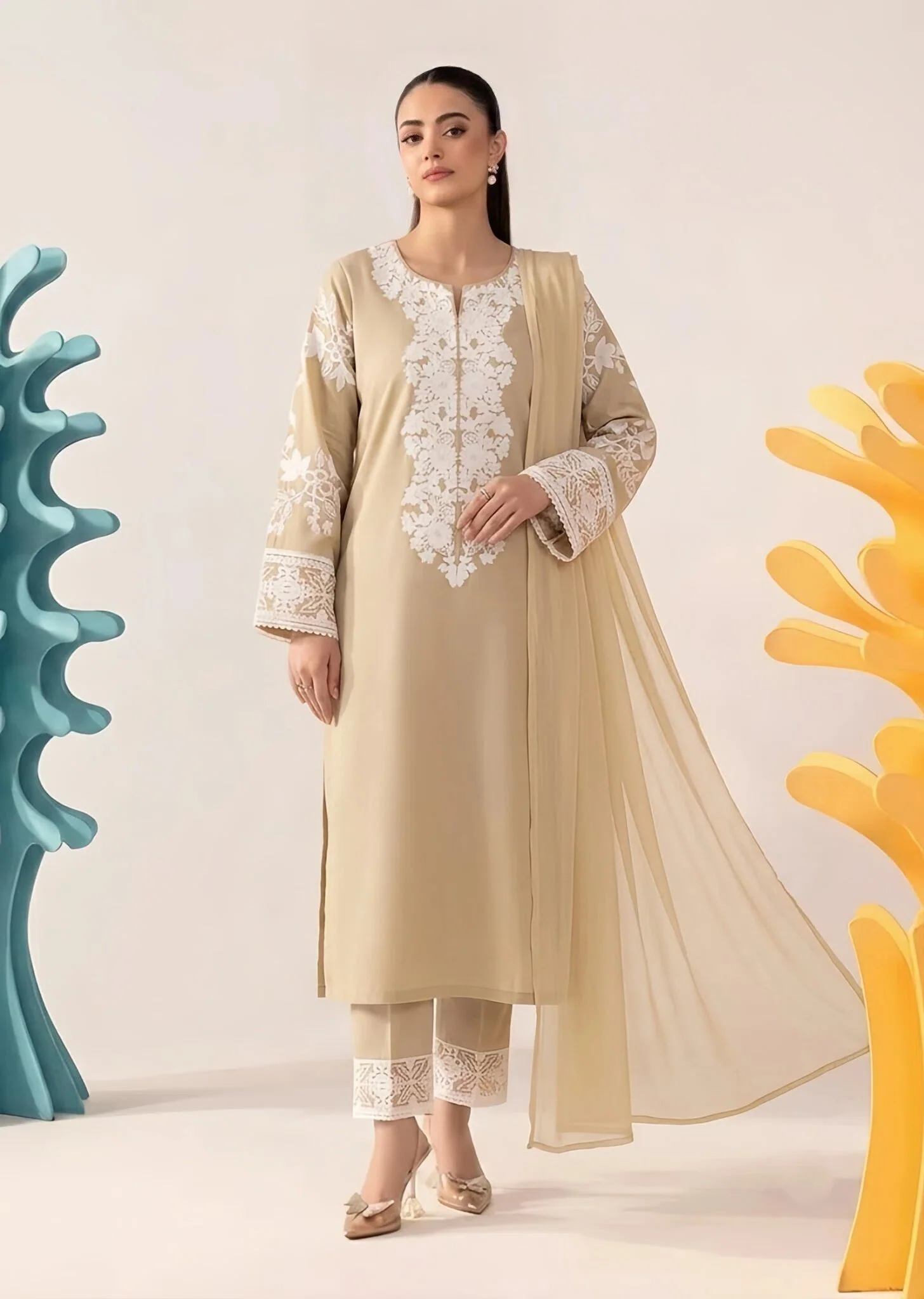 cotton Kurta Set in Beige