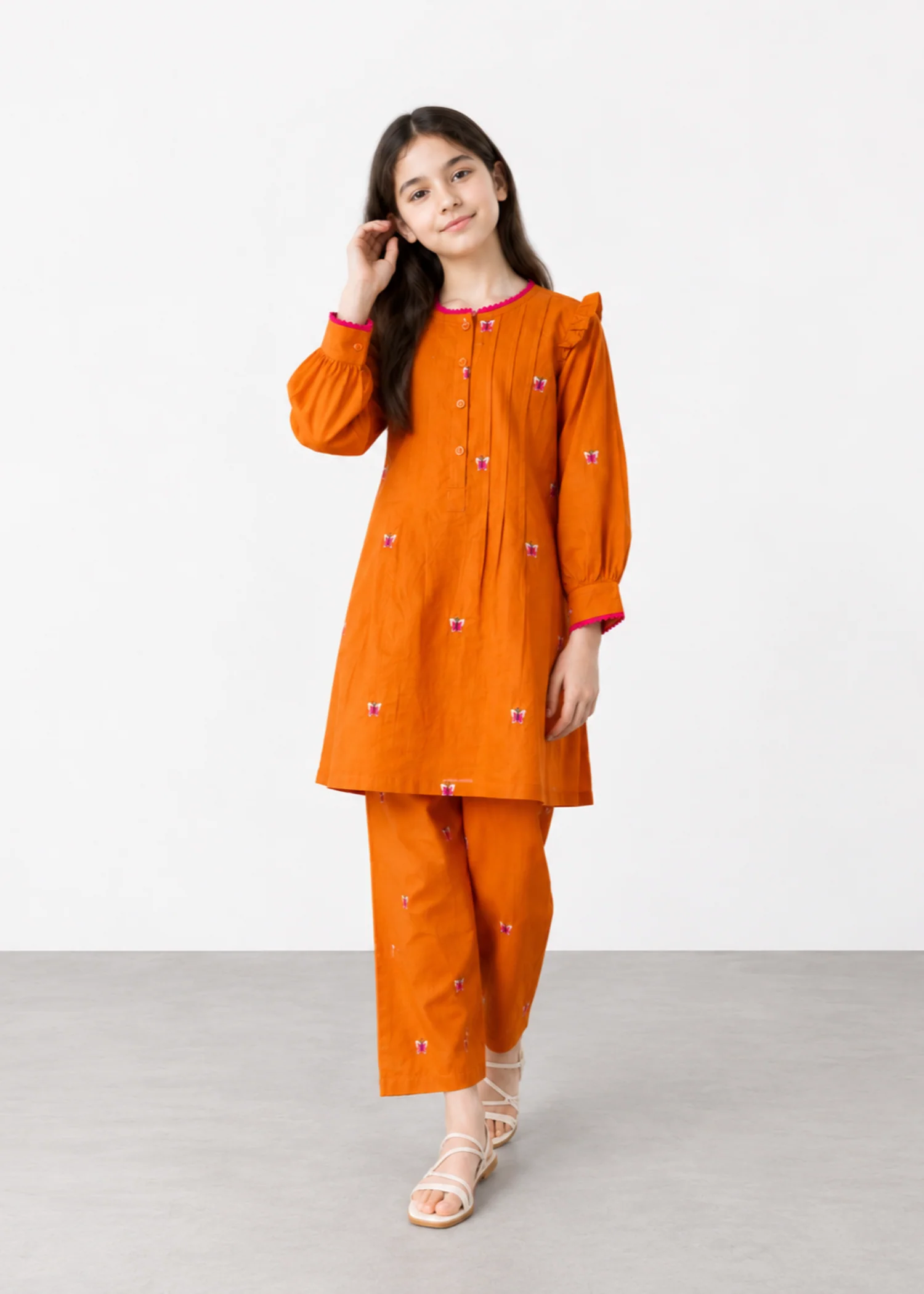 cotton Kurta Set in Coral orange