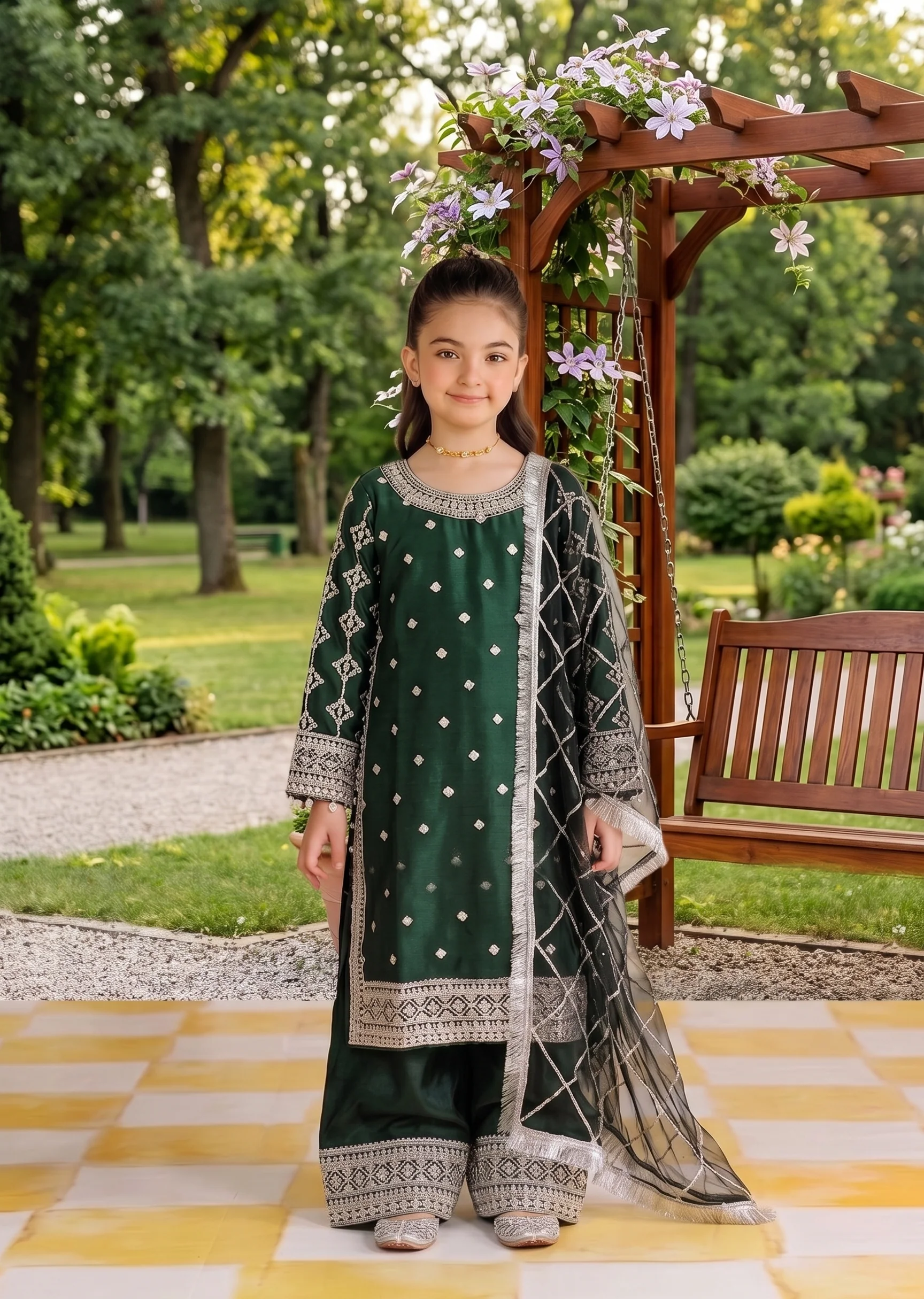chiffon Kurta Set in Bottle green