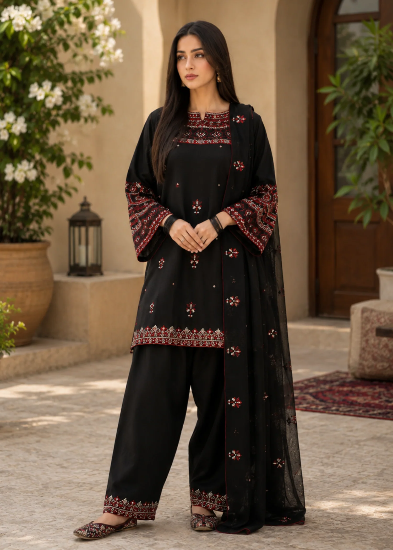 linen Kurta Set in Black