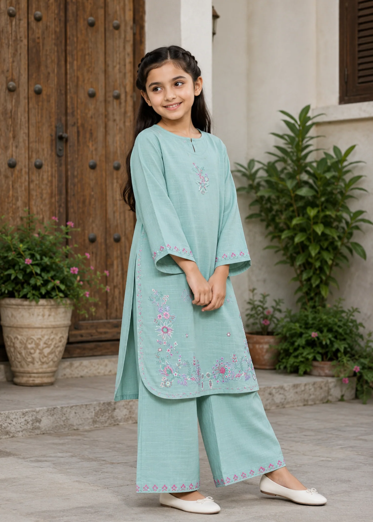 slub khaddar Kurta Set in Pastel green