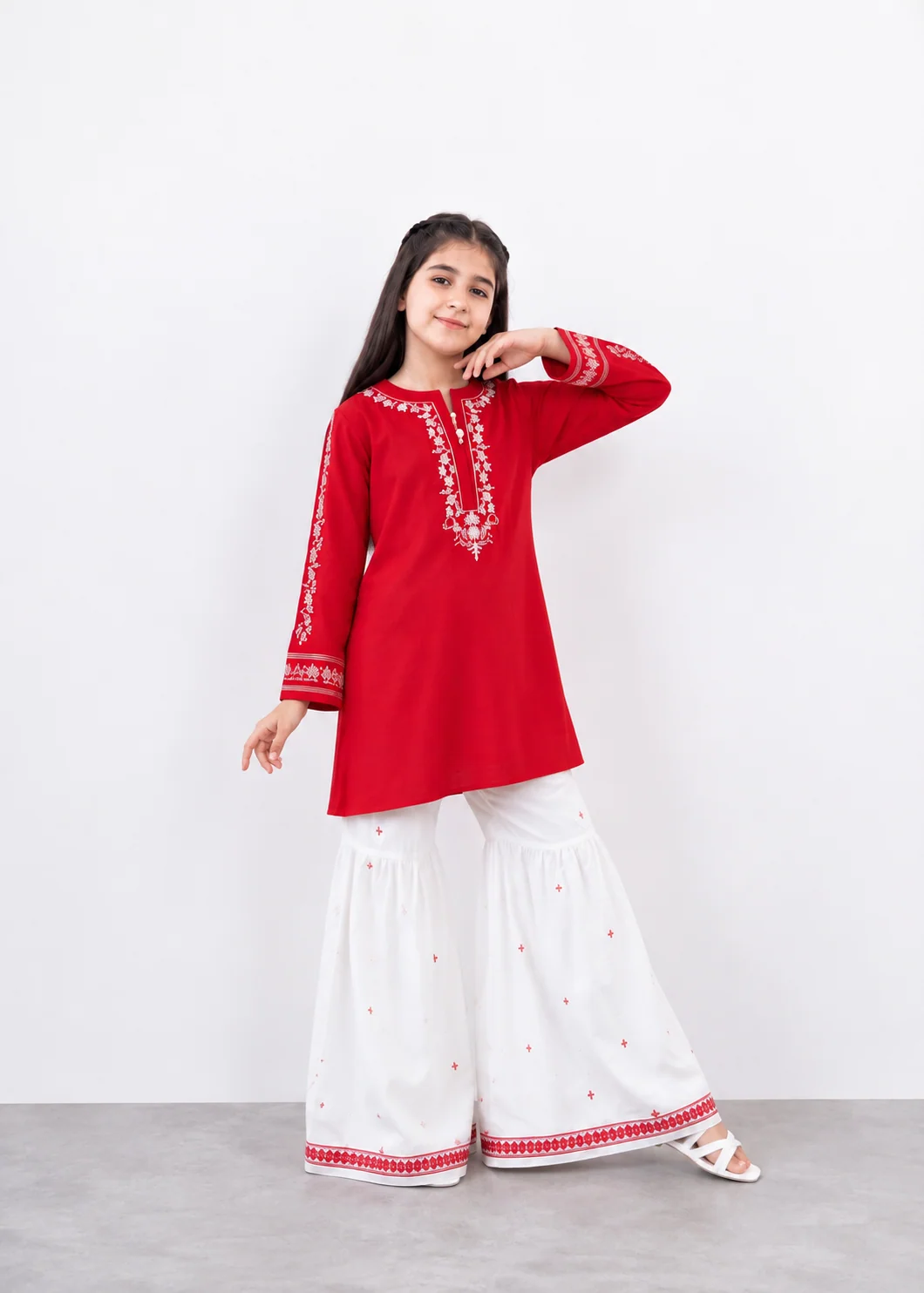 cotton Gharara in Red, white