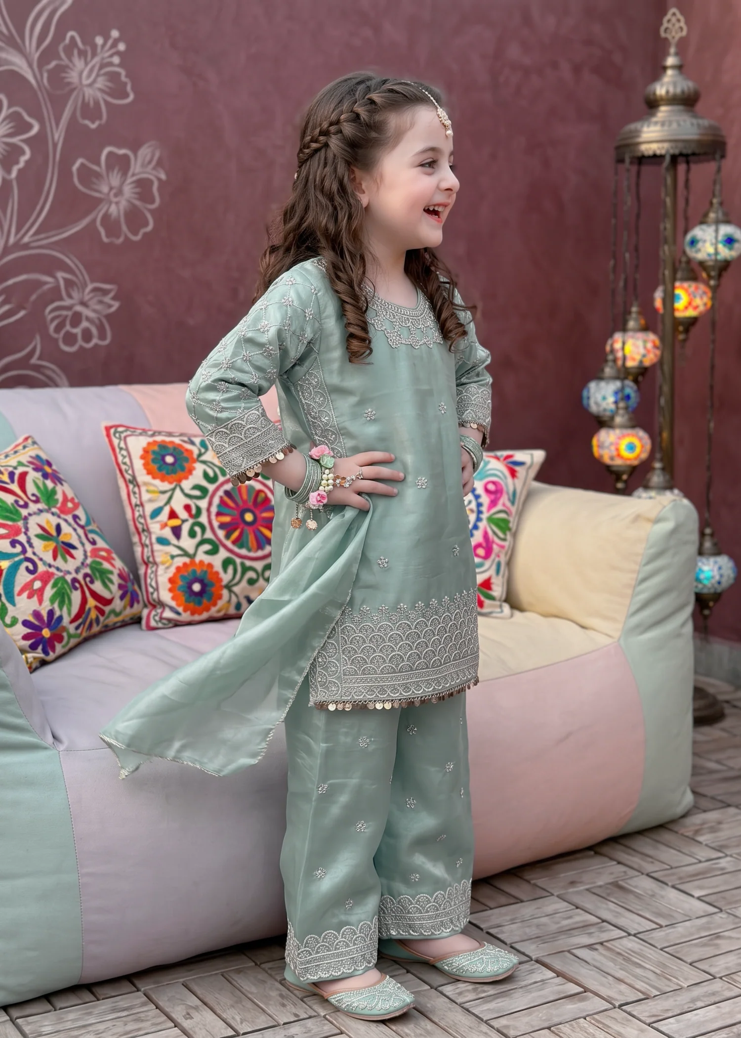 tissue silk Kurta Set in Sage green