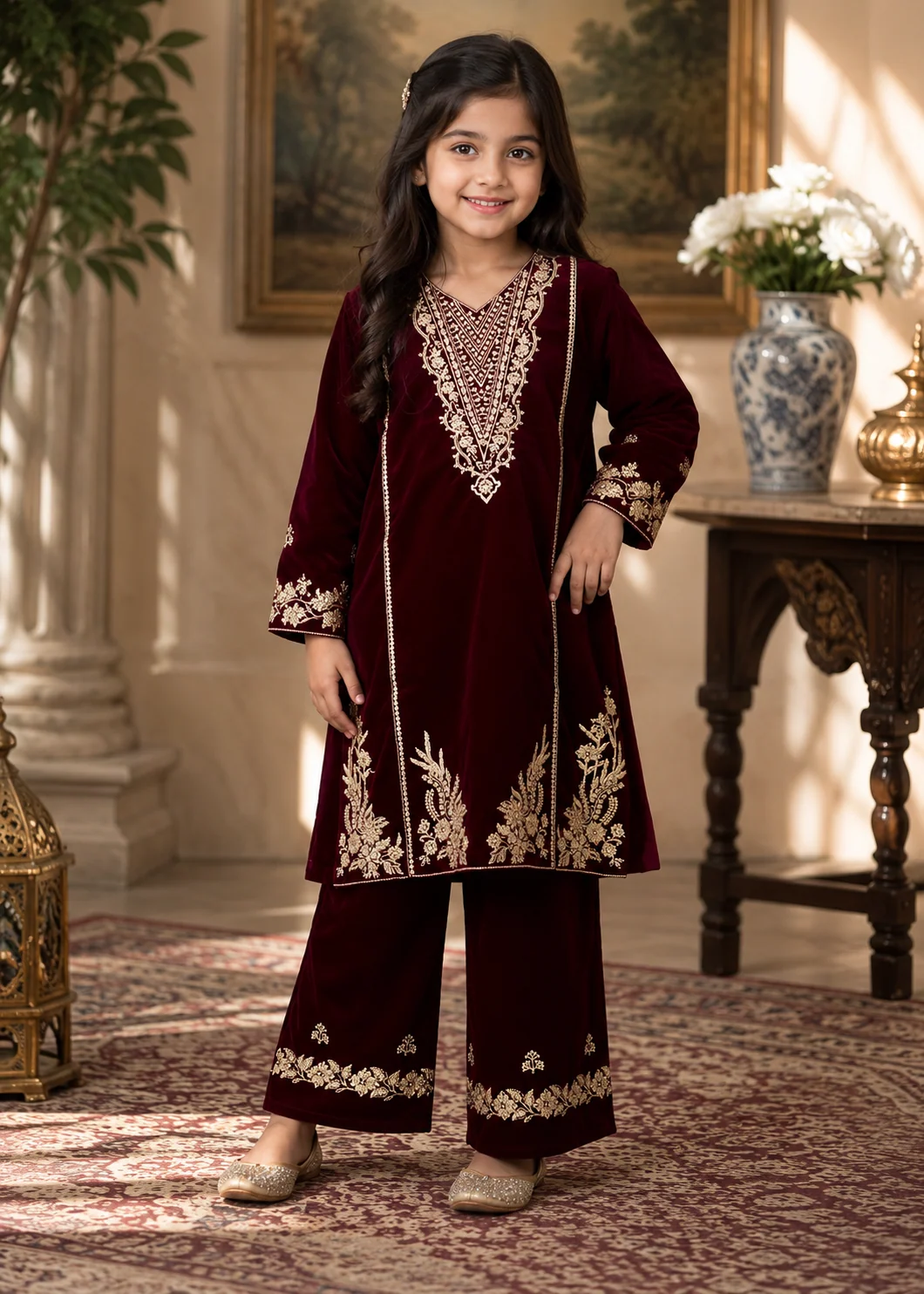 velvet Kurta Set in Maroon