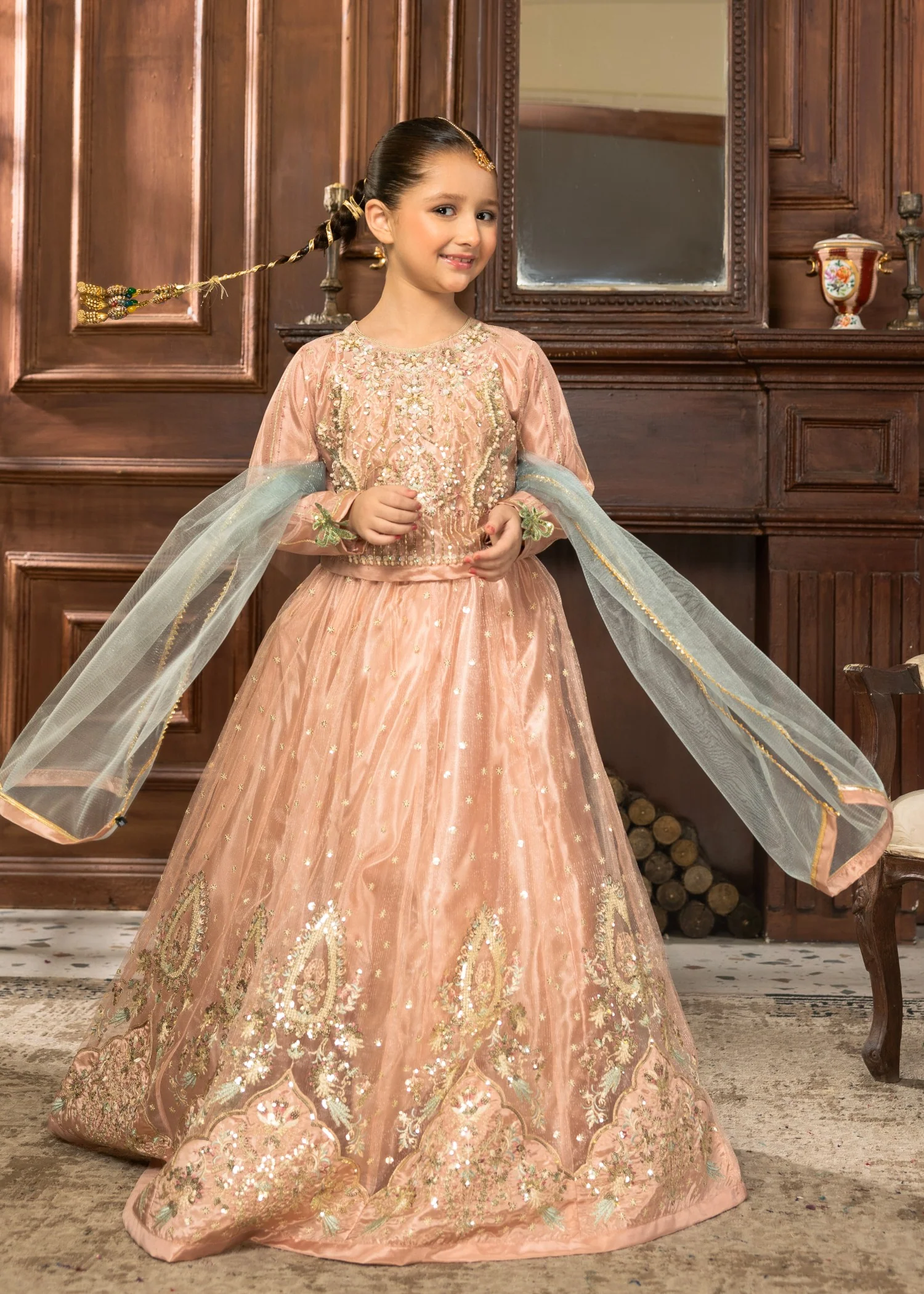 shimmer net Lehenga in Pastel pink