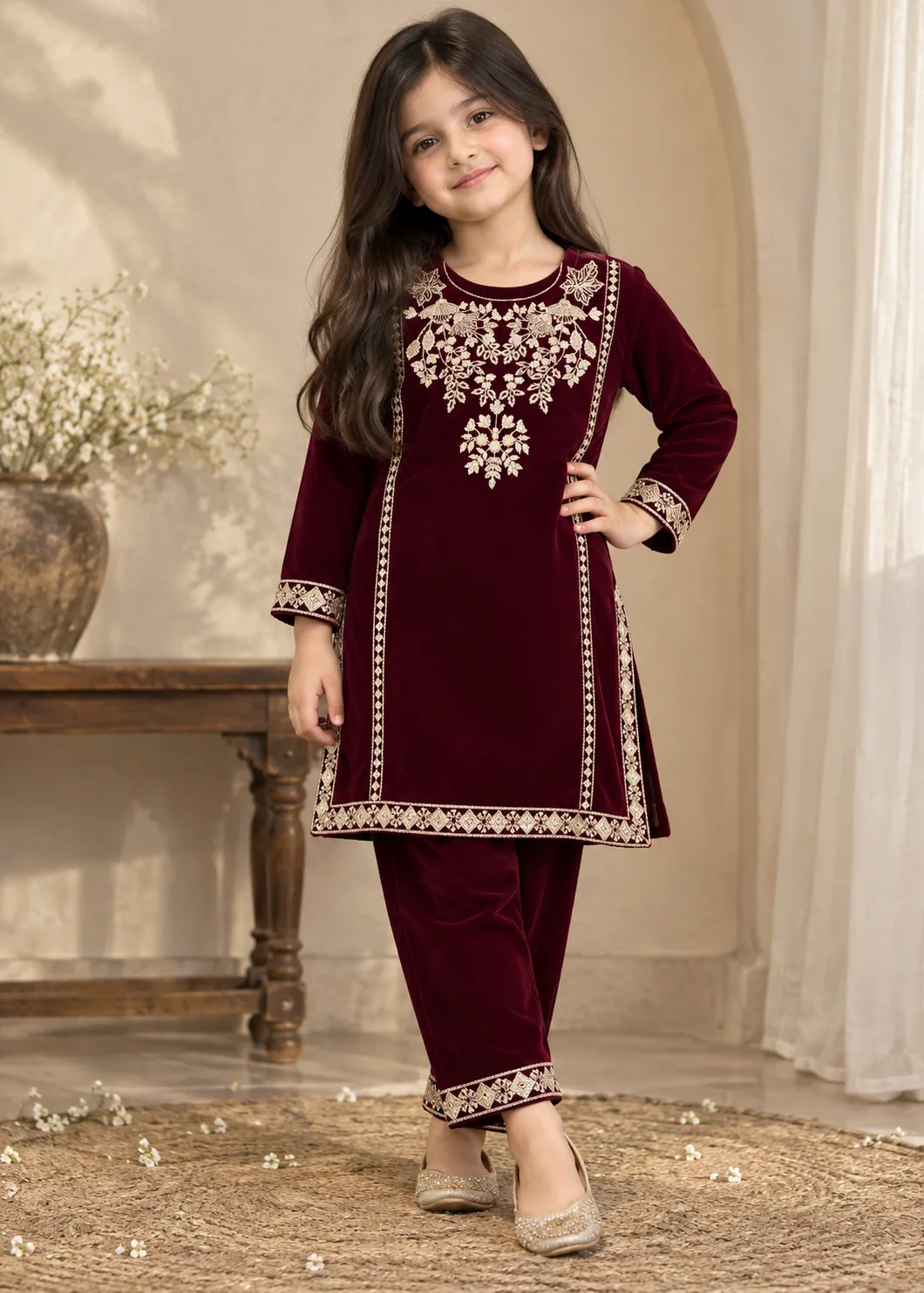 velvet Kurta Set in Maroon
