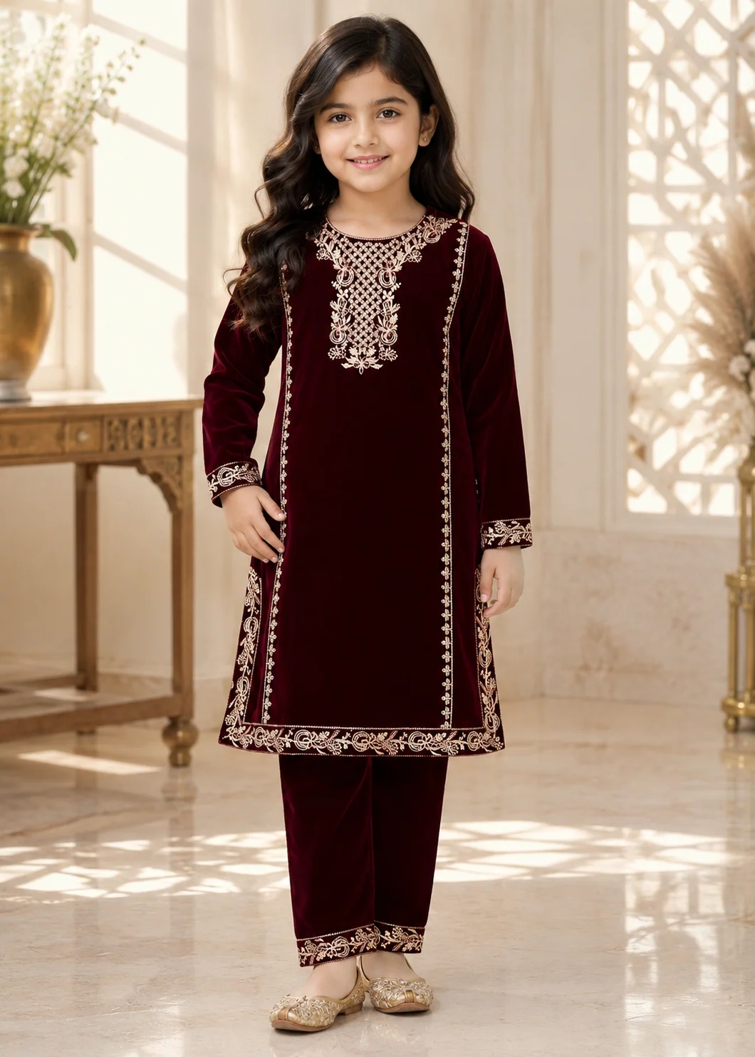 velvet Kurta Set in Maroon
