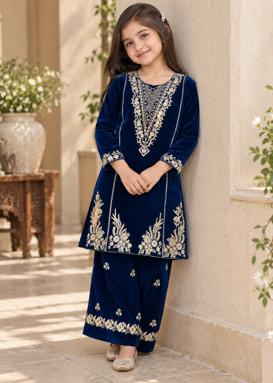 velvet Kurta Set in Navy blue