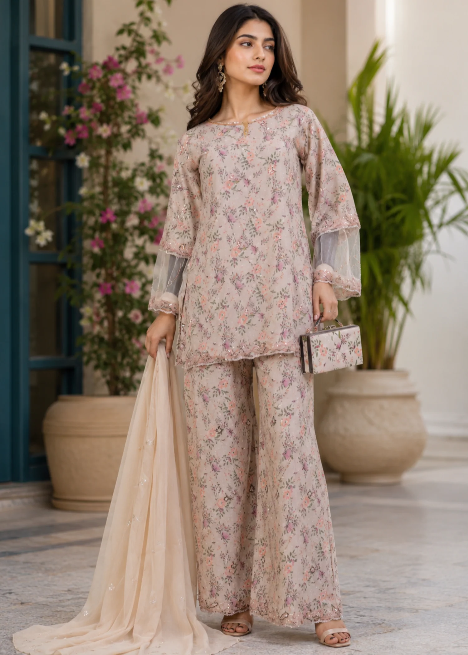 crepe Kurta Set in Tan brown