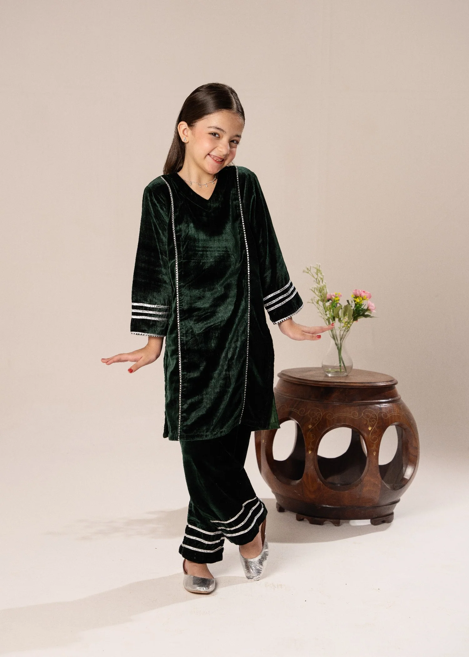 velvet Kurta Set in Dark green