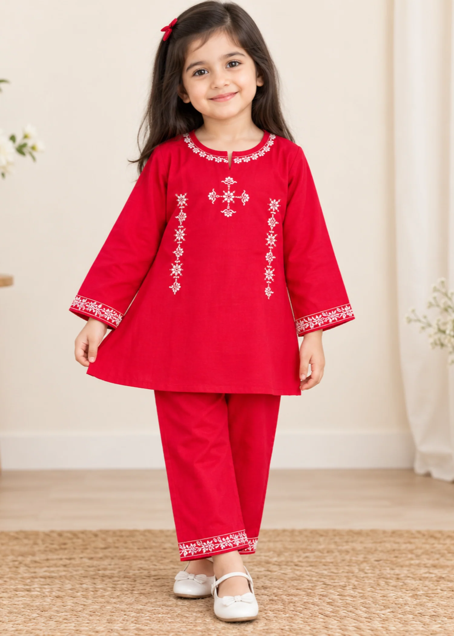 slub khaddar Kurta Set in Red