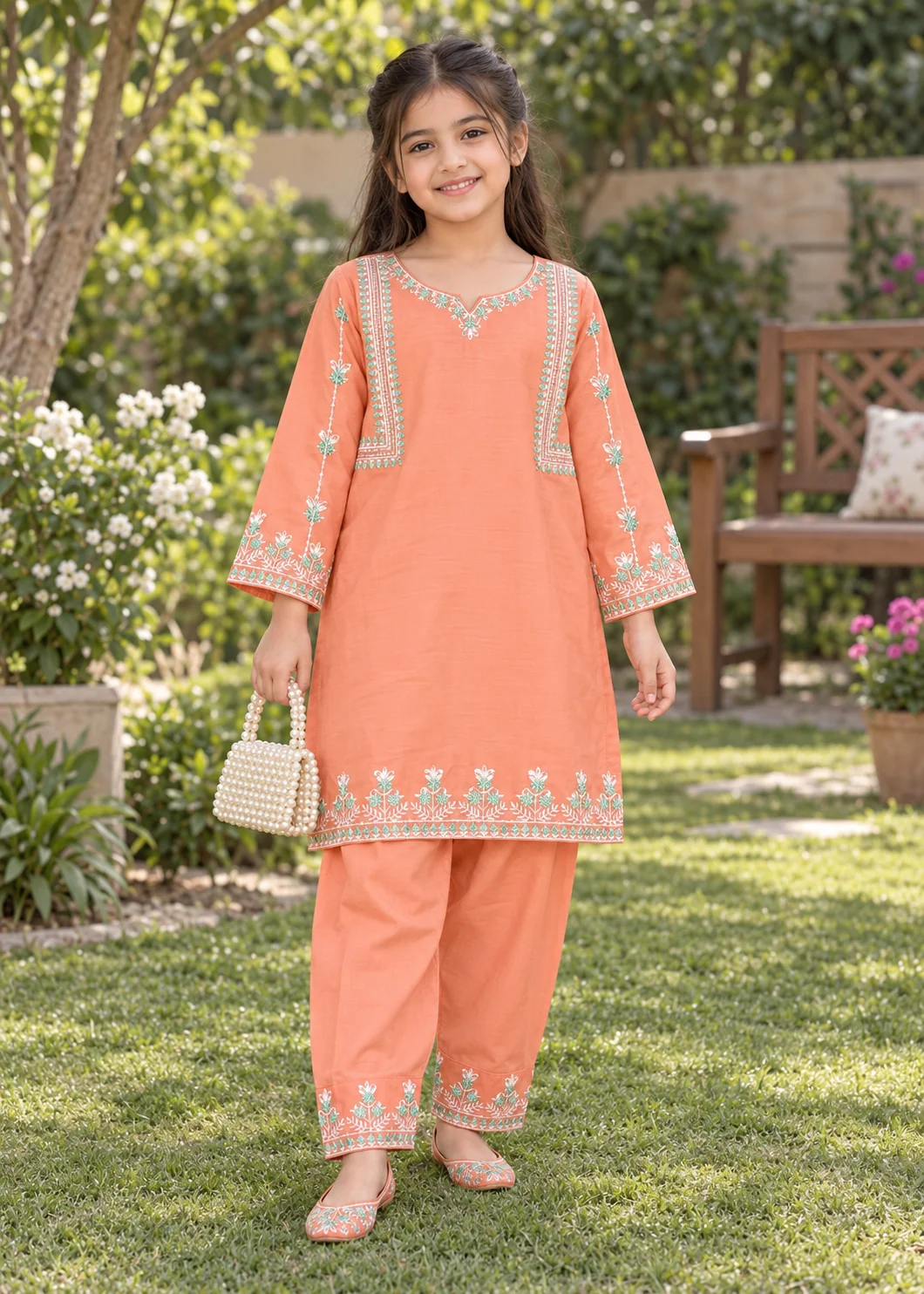 lawn cotton Kurta Set in Peach orange