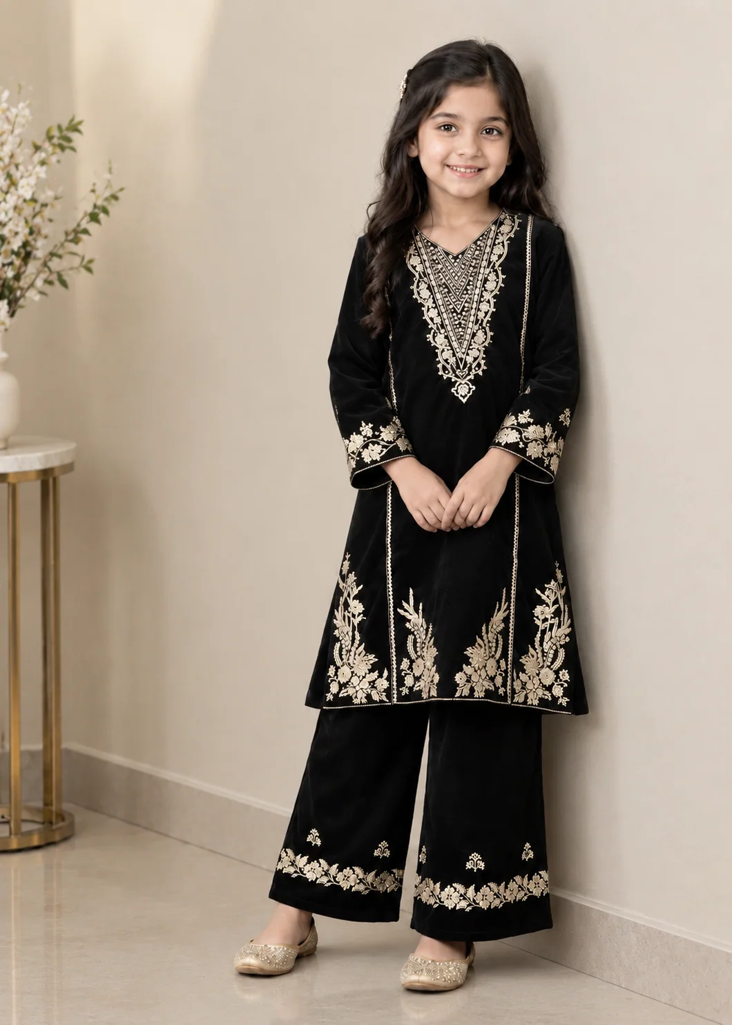 velvet Kurta Set in Black