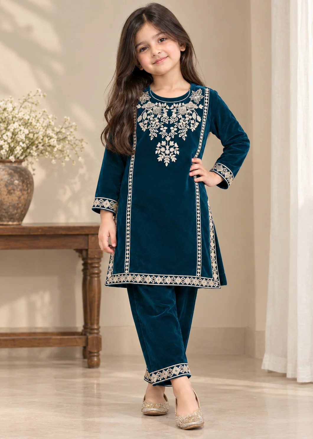 velvet Kurta Set in Teal