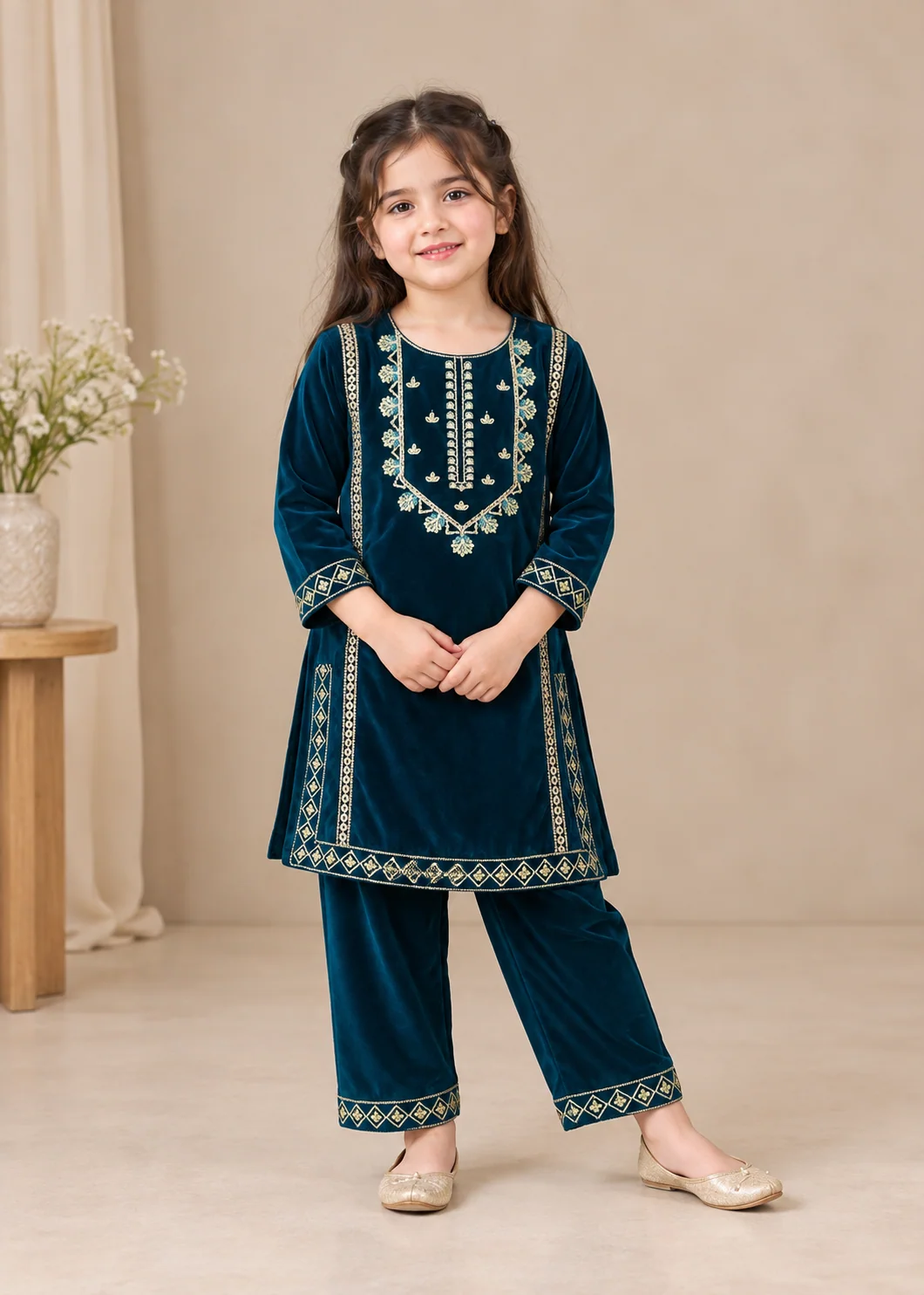 velvet Kurta Set in Teal