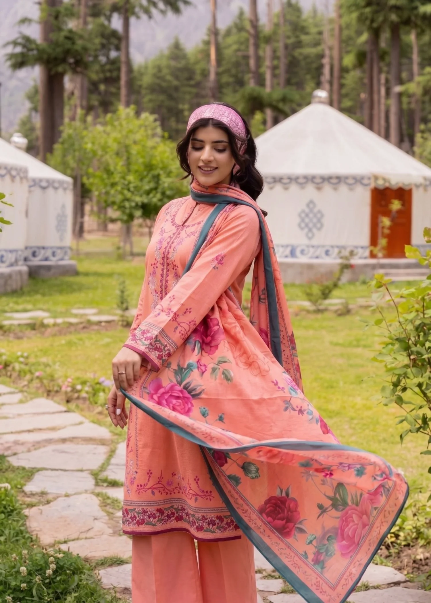 karandi Unstitched in Peach pink