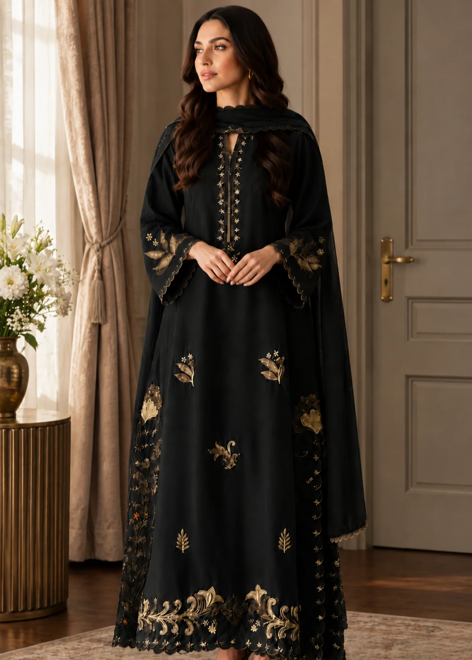 lawn cotton Kurta Set in Black