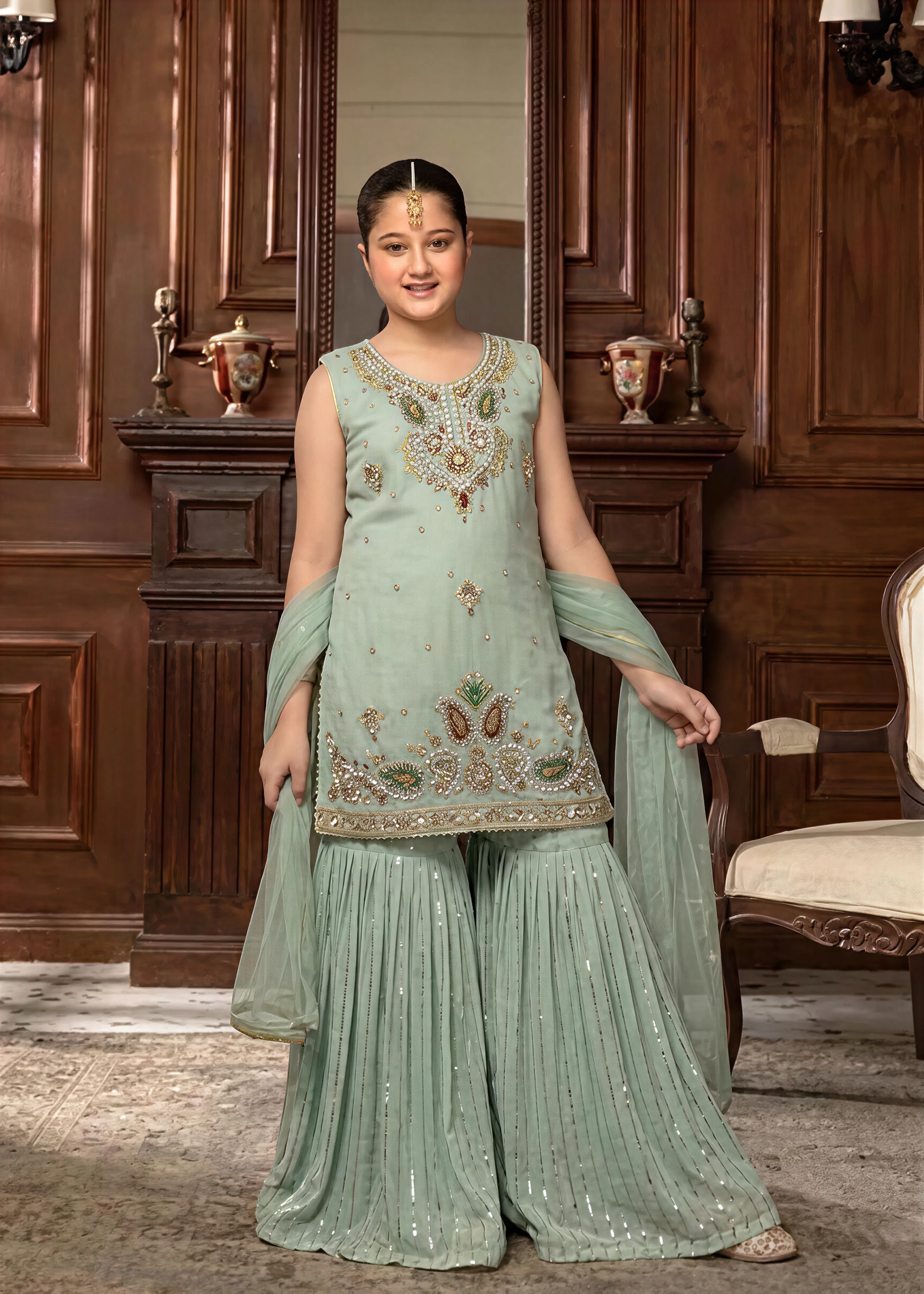 pk chiffon Gharara in Mint green