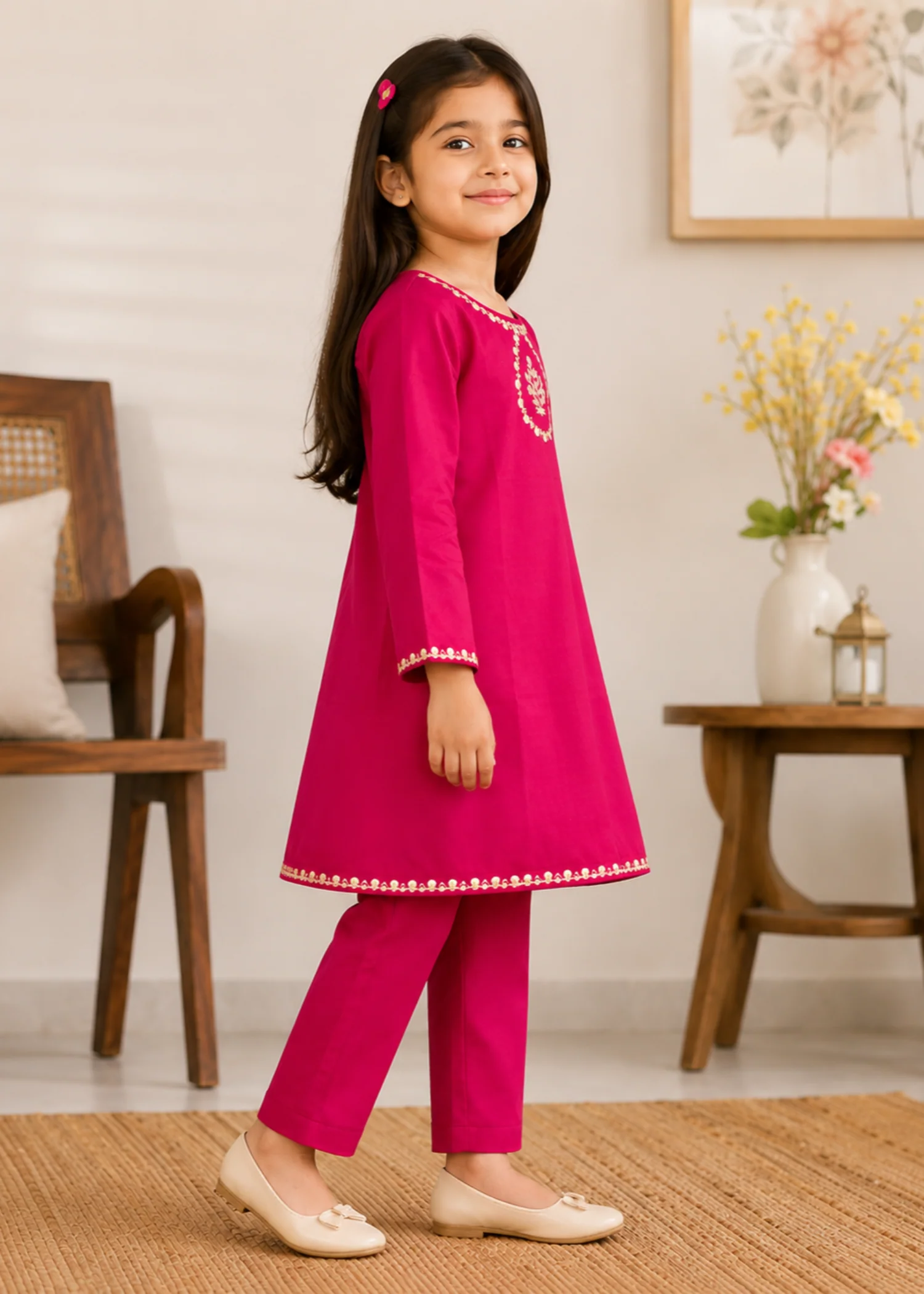 khaddar Short Frock in Raspberry pink - view 2