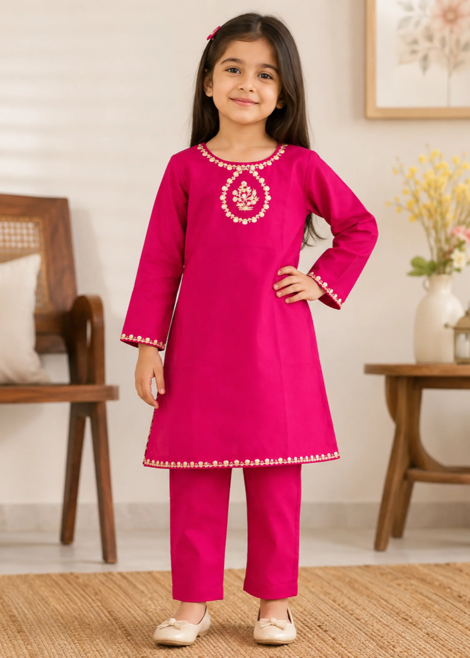 khaddar Short Frock in Raspberry pink