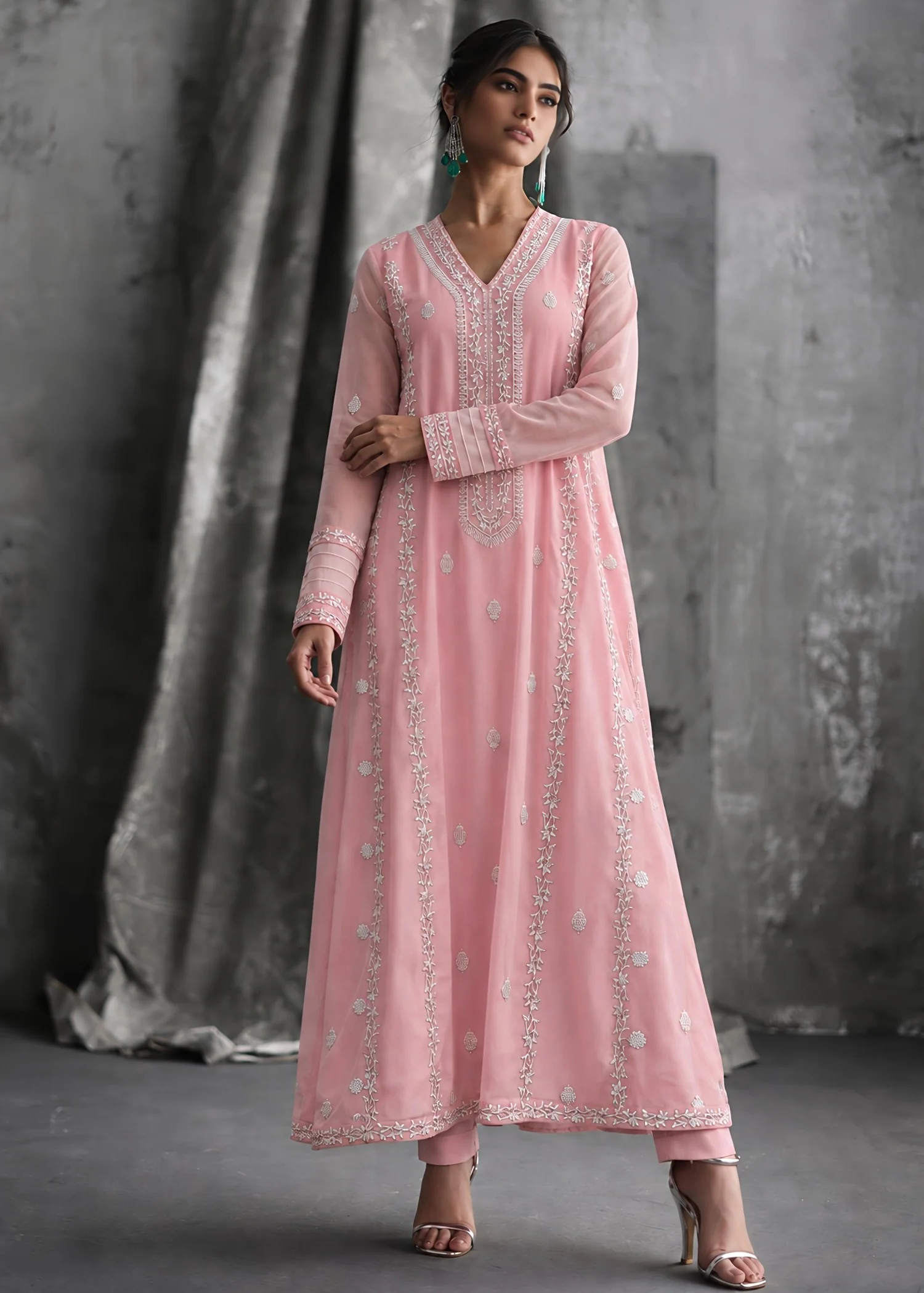 bemberg crinkle chiffon Kurta Set in Light pink - view 6