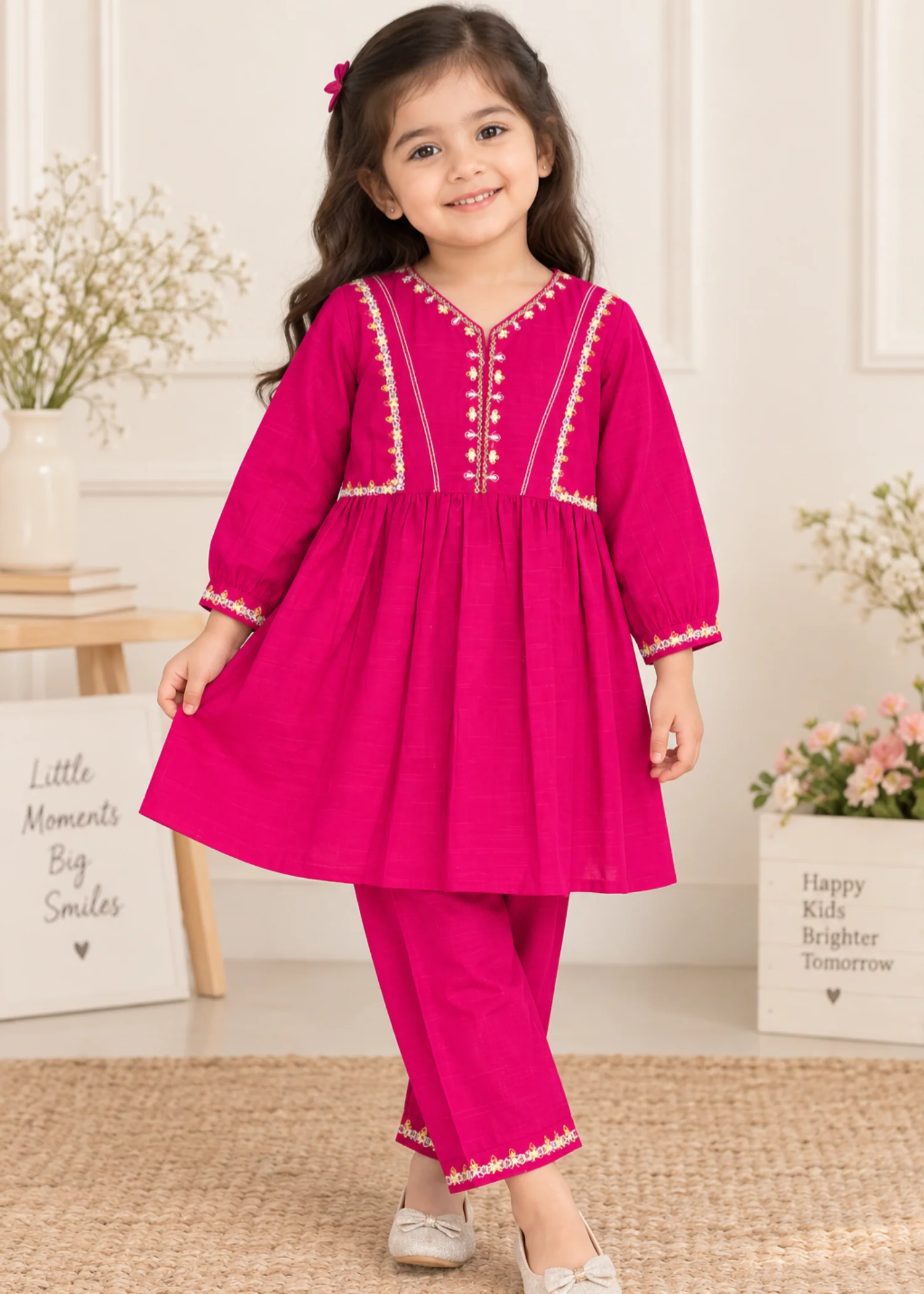 khaddar Short Frock in Raspberry pink