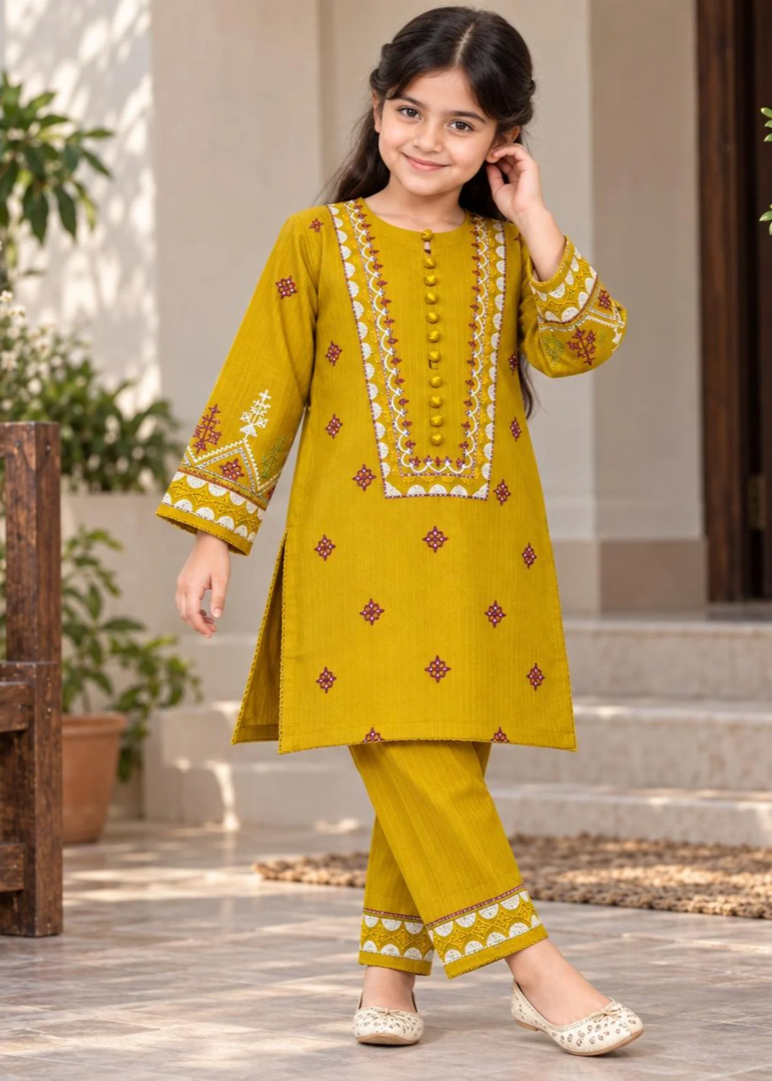 dhanak Kurta Set in Mustard