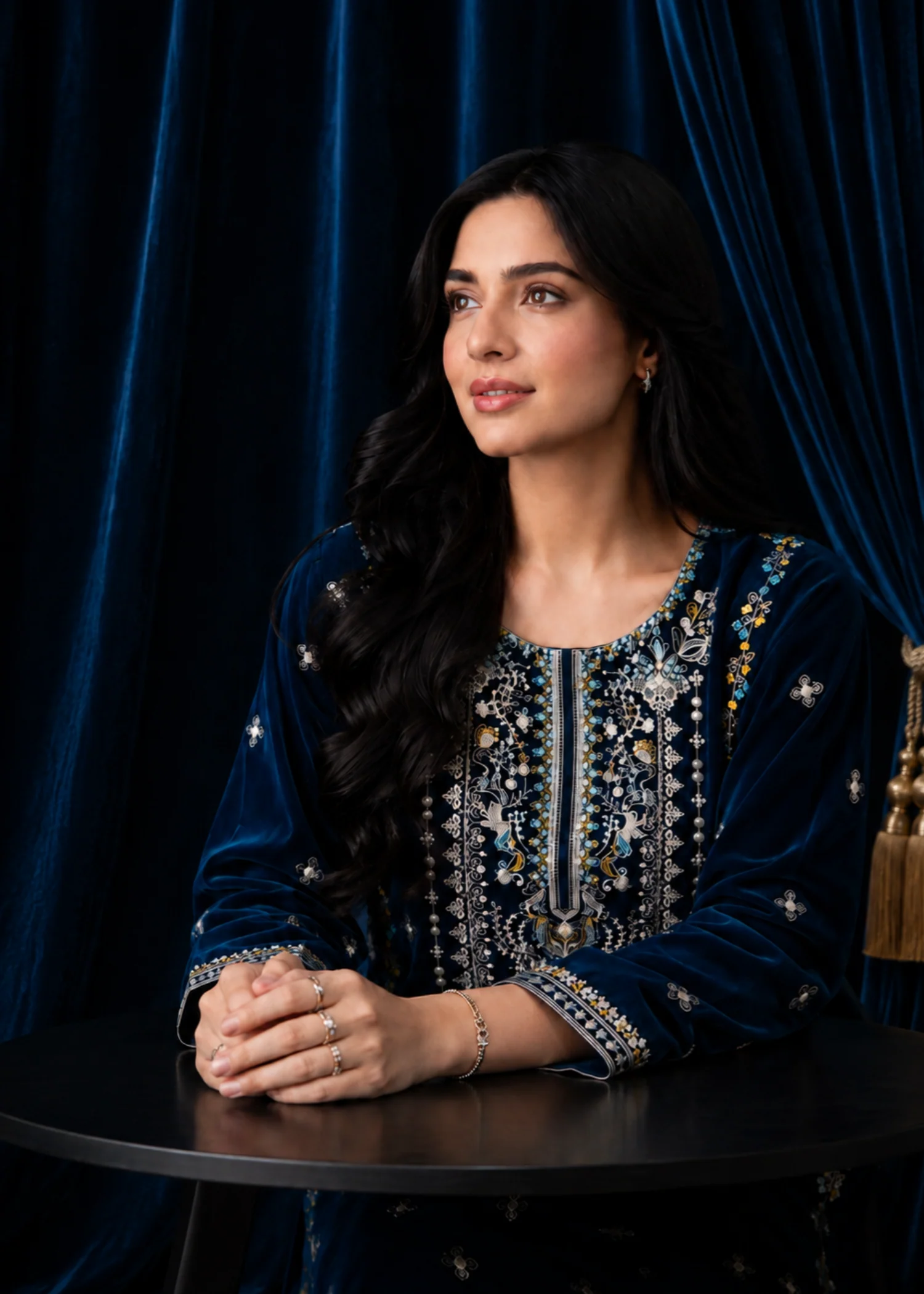 chinese micro velvet 9000 Kurta Set in Navy blue - view 7