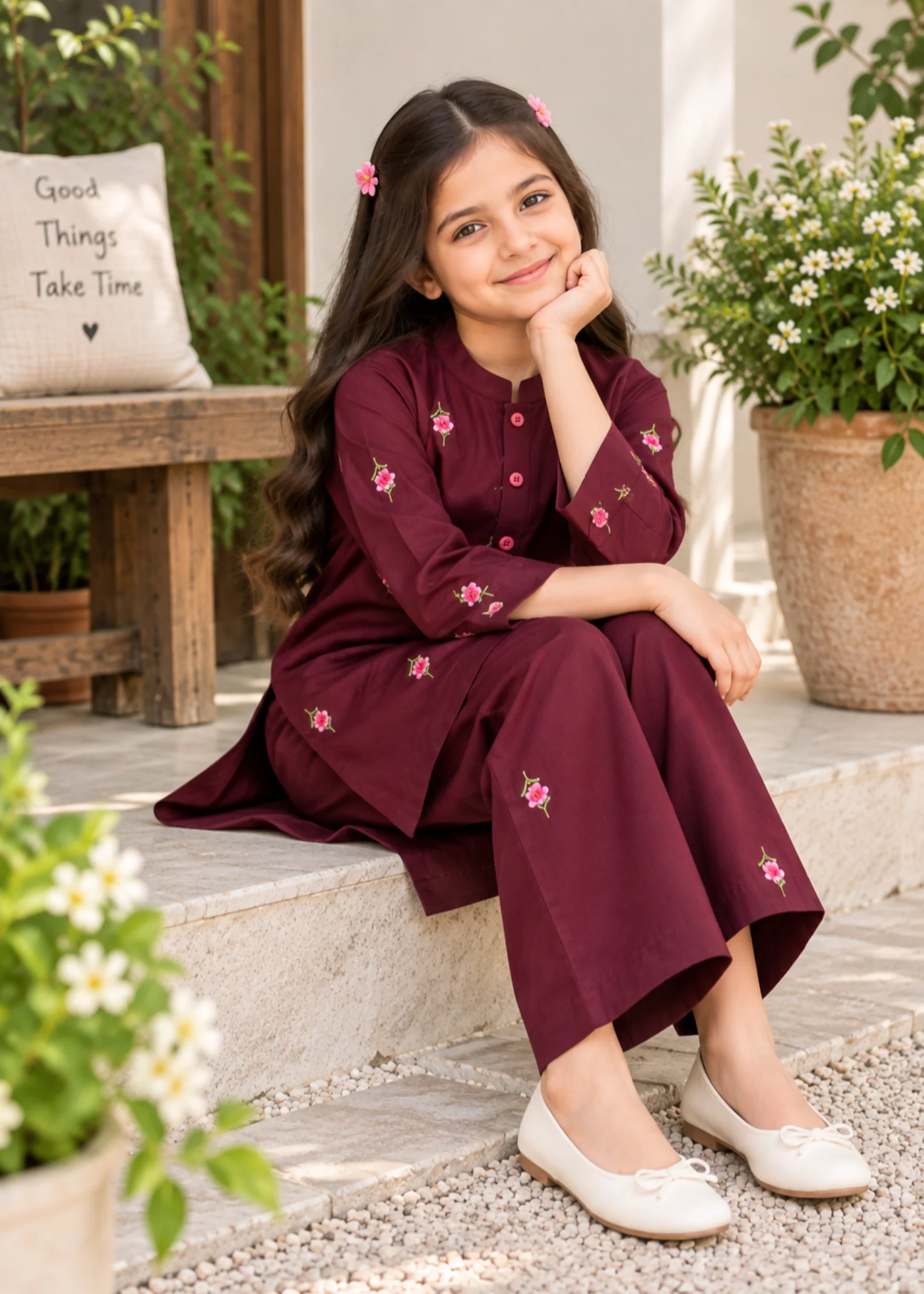 standard corduroy Kurta Set in Maroon - view 3