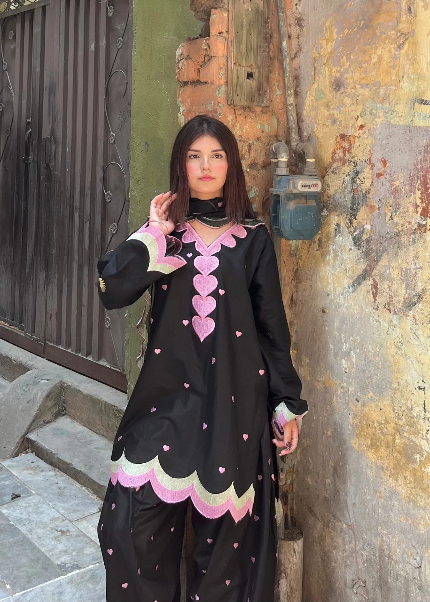 cotton Kurta Set in Black - view 8