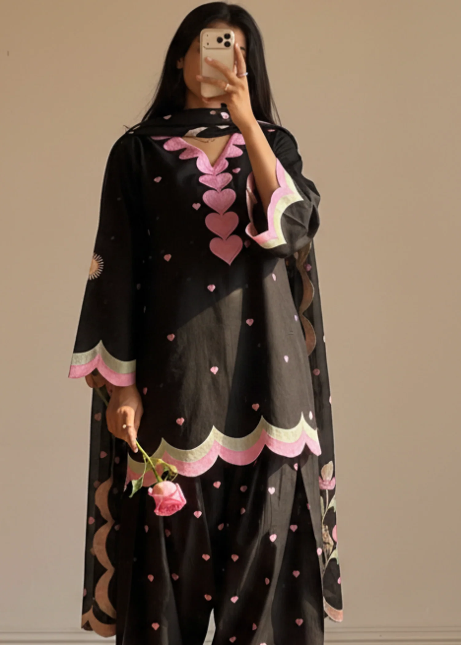cotton Kurta Set in Black - view 3