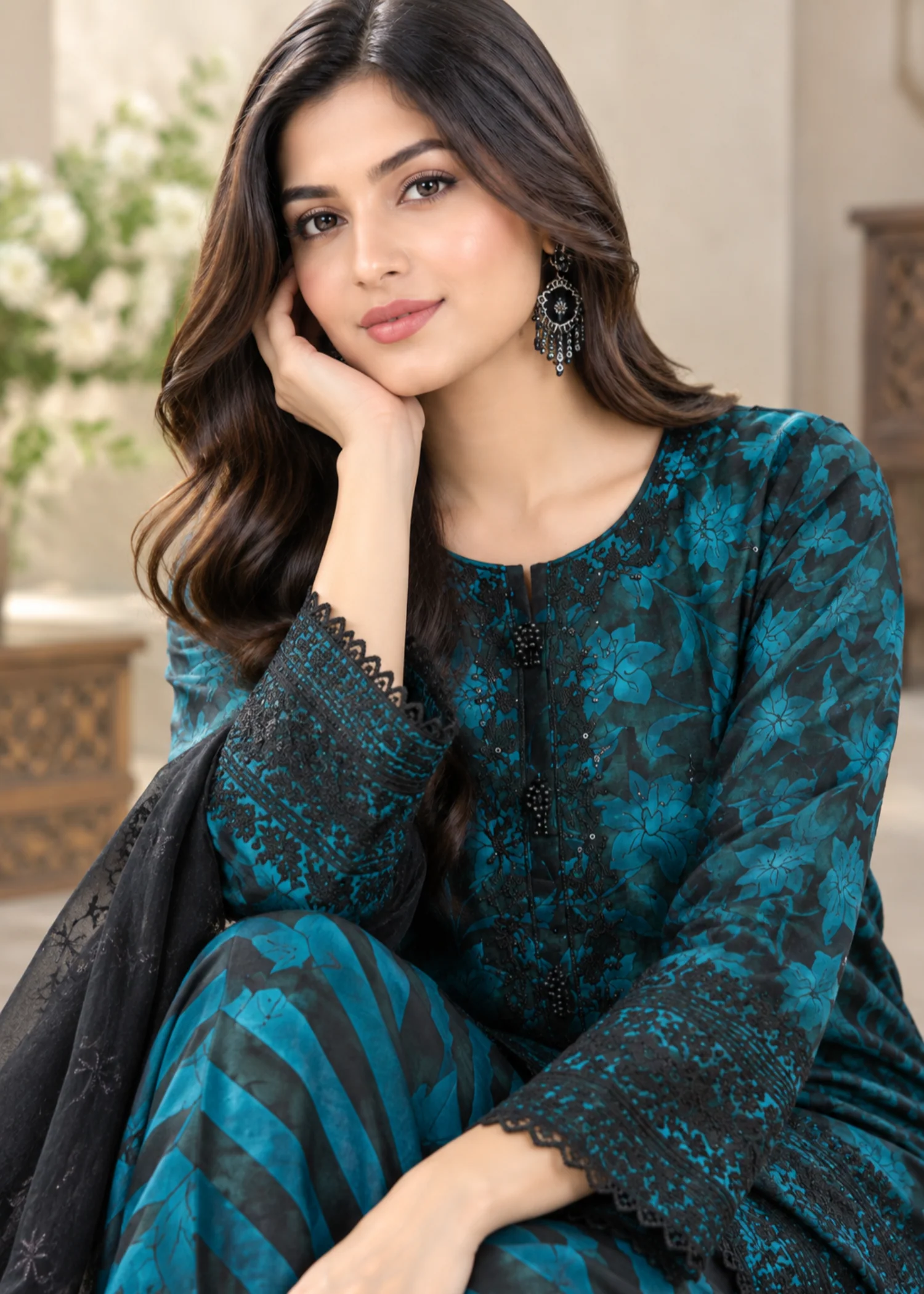 silk Kurta Set in Yale blue - view 3
