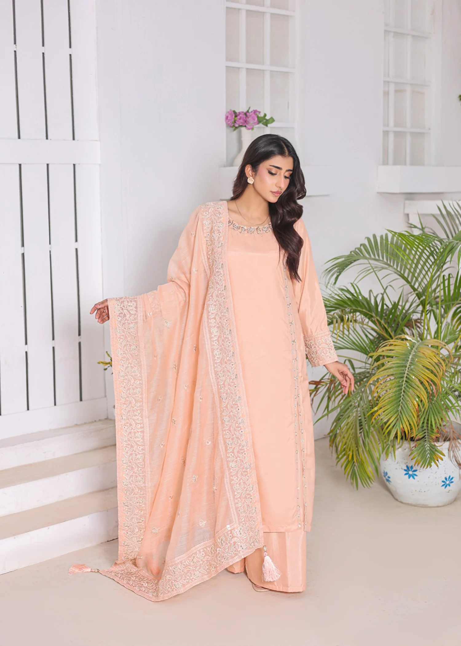 raw silk Kurta Set in Peach orange