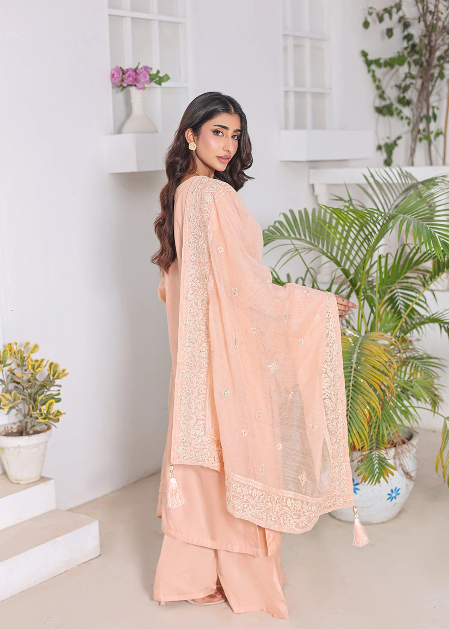 raw silk Kurta Set in Peach orange - view 2