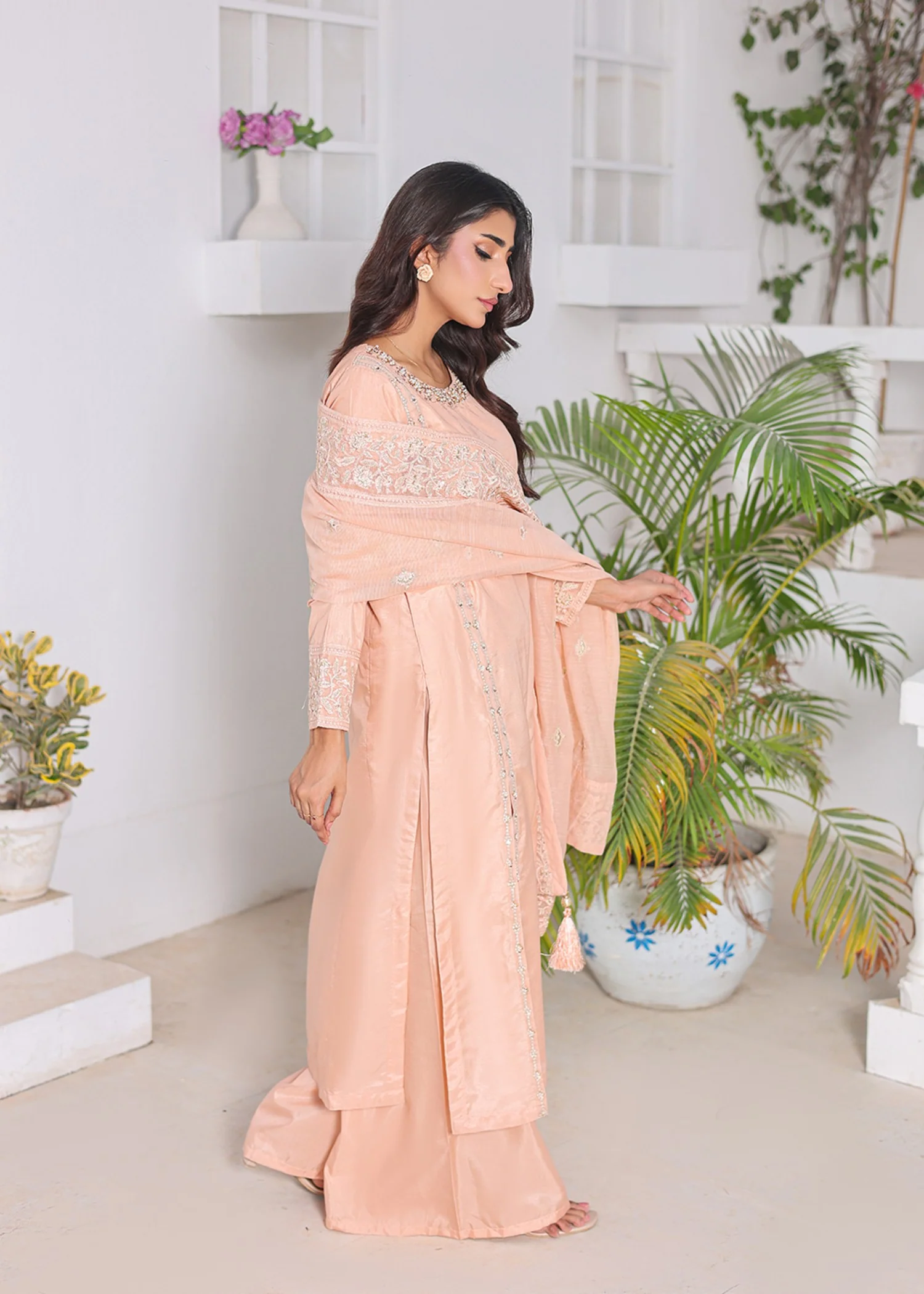 raw silk Kurta Set in Peach orange - view 3
