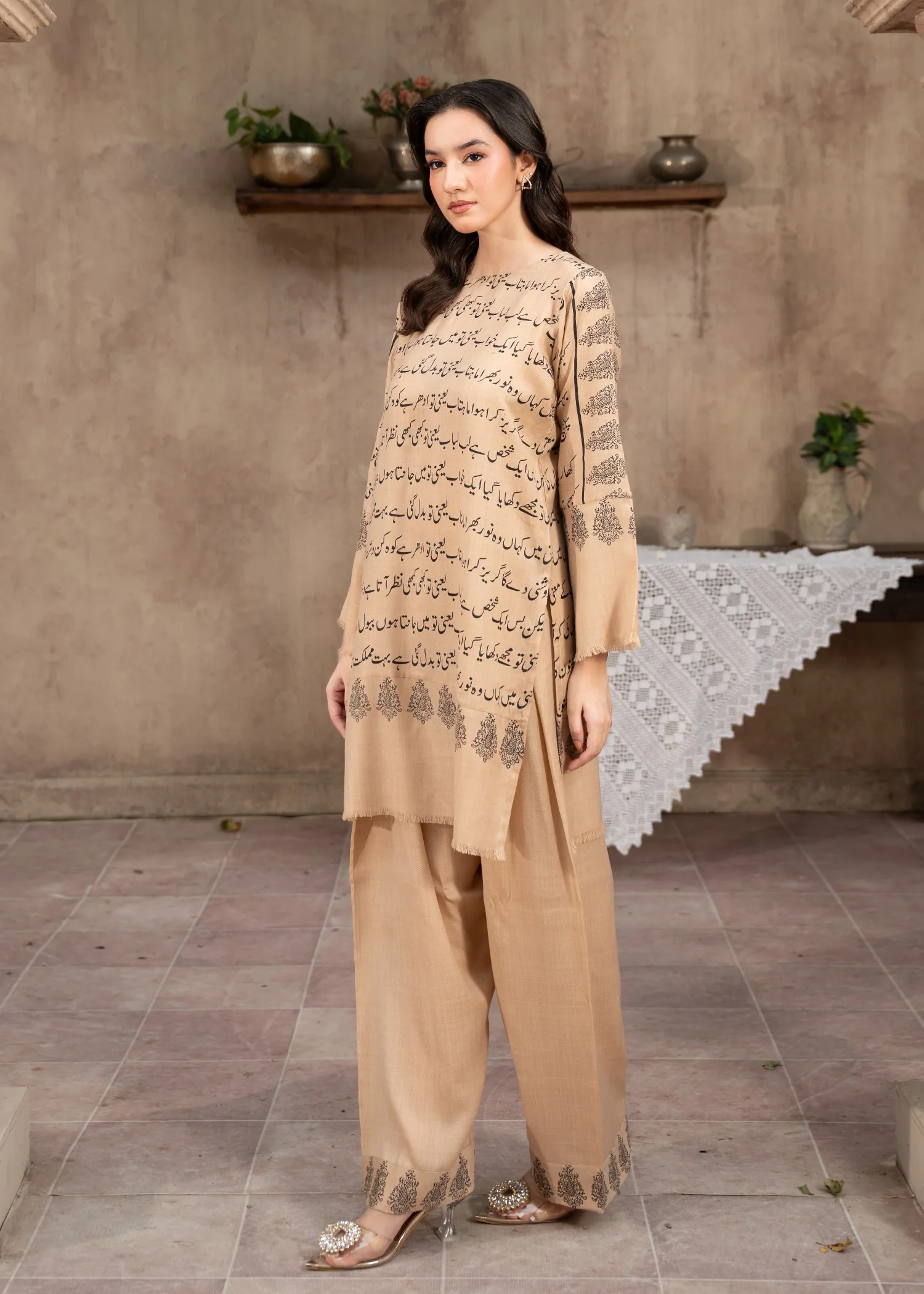 pashmina wool Kurta Set in Beige - view 2